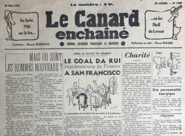 Couac ! | N° 1288 du Canard Enchaîné - 30 Mai 1945 | Dans l'article satirique Mais où sont les hommes nouveaux ? publié le 30 mai 1945 dans *Le Canard Enchaîné*, R. Tréno utilise l'image allégorique de Marianne pour commenter ironiquement la situation politique et sociale de la France à la fin de la Seconde Guerre mondiale. Tréno commence par souligner que la République française, symbolisée par Marianne, arbore désormais un képi au lieu du bonnet phrygien traditionnel, illustrant ainsi le rôle prédominant des militaires et de la résistance dans le paysage politique post-guerre. Il observe également que la mode féminine tend vers une apparence plus militaire, ce qui, selon lui, montre que la République est prête à servir. L'auteur s'amuse avec l'idée que Marianne est courtisée par deux groupes : les "nouveaux venus", qui revendiquent leur place dans la nouvelle France libre après avoir été libérés des prisons allemandes, et ceux qui viennent de sortir de leur propre prison, suggérant une métaphore de la collaboration ou de la répression sous le régime de Vichy. Tréno utilise des dialogues imaginaires pour représenter Marianne discutant avec ces différents groupes. Avec les "revenants" de la résistance, Marianne souligne leur âge avancé et leur manque d'adaptabilité, tandis que les "ex-nouveaux" se plaignent de ne pas avoir encore eu l'opportunité de prouver leur valeur. L'article se termine sur une note sarcastique en soulignant que même si Marianne a un bel uniforme, elle ne porte pas encore de pantalon, ce qui symbolise la question persistante : où sont les vrais "hommes nouveaux" capables de diriger la France vers l'avenir ? Tréno fait allusion à l'appel du général de Gaulle pour la "repopulation" du pays, soulignant ainsi les défis et les espoirs du moment de reconstruction après la guerre. En résumé, "Mais où sont les hommes nouveaux ?" est un commentaire satirique sur les aspirations politiques et sociales de la France à la fin de la Seconde Guerre mondiale, utilisant l'allégorie de Marianne pour explorer les ambiguïtés et les contradictions de cette période de transition. | 1288 e1679071937257