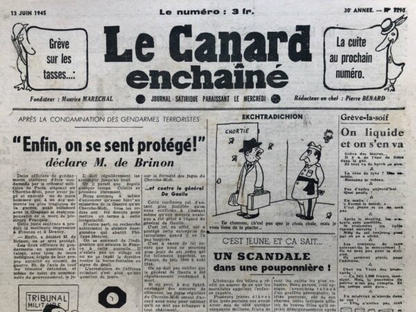 Couac ! | N° 1290 du Canard Enchaîné - 13 Juin 1945 | L'article satirique Tout s'arrange de R. Tréno, publié dans *Le Canard Enchaîné* le 13 juin 1945, tourne en dérision les négociations internationales de l'après-guerre, en particulier la Conférence de San Francisco qui a établi les bases de l'Organisation des Nations Unies (ONU). Tréno commence par ironiser sur l'accord obtenu à San Francisco concernant la question du veto, soulignant que même si personne ne sait vraiment de quoi il s'agit, tout le monde respire enfin de soulagement. Il compare ces négociations à une comédie théâtrale, soulignant l'aspect spectaculaire et superficiel des discussions entre les grandes puissances, où seuls quelques acteurs principaux semblent réellement influents. Il se moque également de la nouvelle Société des Nations (SDN), en soulignant qu'elle ne diffère guère de l'ancienne dans son rôle symbolique attribué aux petites puissances. Tréno fait allusion aux tensions internationales, comme celle entre la Yougoslavie et l'Italie pour Trieste, qui se sont apaisées sans aucun véritable lien avec les deux pays en question. L'article continue en parlant des conflits franco-syriens et franco-anglais, avec une touche humoristique sur les territoires échangés comme Damas et Colombes, jouant sur l'absurdité des réclamations territoriales et des compensations culturelles. Tréno conclut sur une note légère, suggérant que malgré les apparences et les complications diplomatiques, tout finira par s'arranger d'une manière ou d'une autre, même si les détails et les résultats concrets des négociations internationales semblent parfois déroutants. | 1290 1