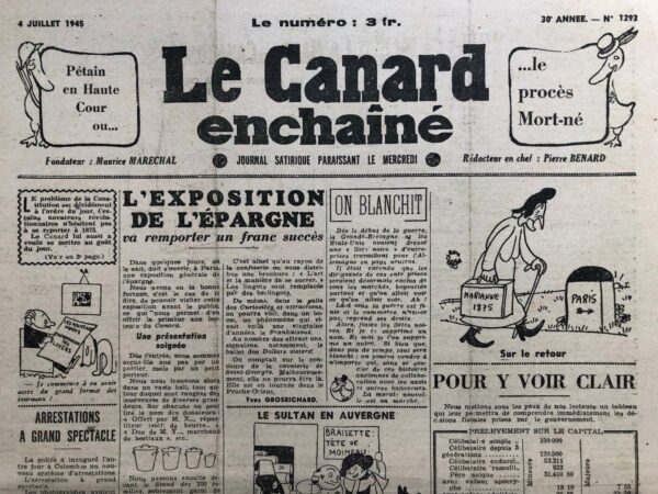 Couac ! | N° 1293 du Canard Enchaîné - 4 Juillet 1945 | L'article La Brigade Spéciale Économique enlève une position rue de Grenelle par A. Breffort, publié dans *Le Canard Enchaîné* le 4 juillet 1945, décrit avec un ton satirique les efforts menés par le ministre de la Sous-Alimentation, M. Pineau, pour lutter contre le marché noir en France d'après-guerre. L'article commence par expliquer que sous la direction de M. Pineau, la lutte contre le marché noir a pris des allures de guerre où aucun prisonnier n'est fait. Suite à une hausse des prix, plusieurs descentes de police ont été menées, notamment dans le quartier de Belleville, où une intervention rue Robert-Houdin a été couronnée de succès. L'auteur décrit ensuite une scène à la rue de Grenelle, habituellement austère, qui s'anime grâce à une activité intense de marché noir. Des vendeurs et des acheteurs, souvent des personnes d'apparence respectable, s'adonnent à des échanges insolites. Par exemple, un homme en jaquette propose une paire de ciseaux contre une balance de la Justice, tandis qu'un autre vend des vestes réversibles appelées "électorales". La scène inclut aussi des ventes plus surprenantes comme des peaux de banane, des pelures d'orange, et même des documents diplomatiques et des pactes de non-agression. L'intervention de la police est décrite de manière théâtrale : un car de la police barre la rue, des ordres sont donnés, et tous les délinquants sont emmenés au dépôt. Cependant, l'humour réside dans la tournure des événements : avant même que les interrogatoires ne commencent, un coup de téléphone mystérieux de "M. X" mène à la libération de tous les délinquants. L'article se termine en décrivant les efforts de la police pour identifier "M. X", en ciblant tous les individus prénommés Xavier et en coupant le téléphone à tous les X de l'annuaire des P.T.T. Le chef de la police, M. Luizet, reste confiant, affirmant que la "route du flair" n'est pas fermée, illustrant encore une fois l'absurdité et la complexité de la situation.   | 1293 1