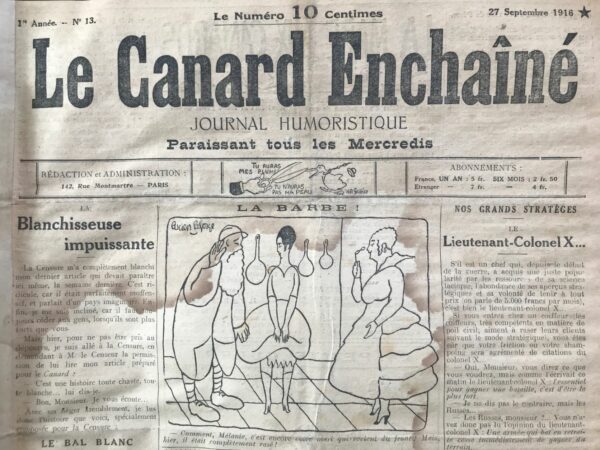 Couac ! | N° 13 du Canard Enchaîné - 27 Septembre 1916 | Réflexions d'un simple pékin, par Henri Béraud - Parodie des journalistes de la grande presse, qui écrivent le soir les ragots qu'ils ont ramassés le matin chez le coiffeur ou au bistrot, ce que le lecteur veut lire en somme... - Par dérision vis à vis de Gustave Hervé, directeur de La Victoire, il signe sous le pseudo de Gustave Henervé ancienne trace d'humidité n'affectant pas la lecture, bien visible sur l'image et présente sur les 4 pages | 13 2