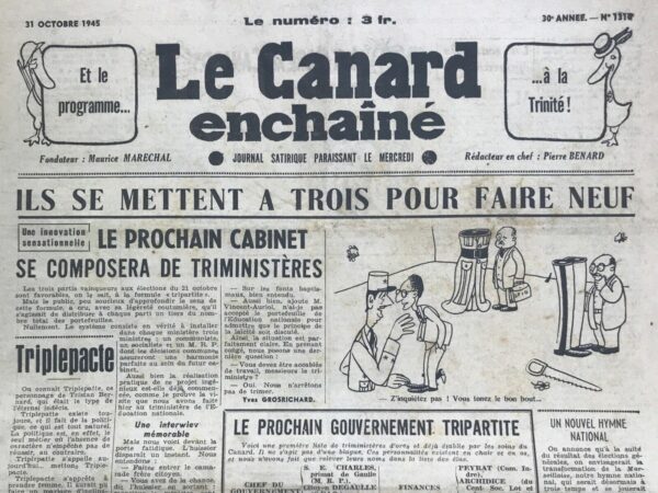 Couac ! | N° 1310 du Canard Enchaîné - 31 Octobre 1945 | Dans son article Le général n'est pas mort à l'aube, publié le 31 octobre 1945 dans Le Canard Enchaîné, Pierre Bénard critique vivement la décision de gracier le général Dentz, dont la peine de mort a été commuée. Bénard souligne l'injustice et l'incohérence de ce geste, qui semble exclusivement réservé aux militaires, au détriment des civils condamnés pour des faits similaires. Bénard commence par une ironie mordante en évoquant la grâce accordée à Dentz, tout en soulignant son aversion pour les exécutions. Il observe que le droit de grâce semble être devenu un privilège pour les militaires, une sorte de "réquisition" comparable à celle d'un simple appartement, et exprime sa réticence à contester cette décision, bien que sous-entendant qu'elle est politiquement motivée. Il remet en question l'impunité des militaires en les comparant à des patients d'asile vêtus d'uniformes pour susciter la pitié et l'indulgence. Bénard se moque de l'idée que les généraux, tout en gagnant les guerres, ne peuvent être tenus responsables de leurs échecs, attribuant la défaite de 1940 à divers boucs émissaires civils. La principale critique de Bénard est la discrimination entre les traitements réservés aux militaires et aux civils. Il se demande pourquoi René Gérin, un ancien normalien et antimilitariste condamné à huit ans de travaux forcés pour des articles littéraires publiés dans le journal de Déat, n'a pas bénéficié de la même clémence que Dentz. Bénard trouve absurde et injuste que Gérin ait été condamné pour avoir fait l'éloge de livres écrits par Alfred Fabre-Luce, alors que ce dernier, malgré ses écrits pro-collaboration, n'a pas été inquiété. Bénard se moque de la logique judiciaire qui juge moins grave d'écrire un livre pro-collaboration que d'en faire l'éloge. Il réclame la libération de Gérin, notant que huit ans de prison est une peine excessive pour ce qu'il considère être une faute de goût plutôt qu'un crime sérieux. Il conclut en soulignant l'hypocrisie de la société, où les riches et influents, comme Fabre-Luce, échappent aux conséquences de leurs actes tandis que les moins fortunés, comme Gerin, paient un prix disproportionné. Bénard critique également l'indifférence envers les difficultés des civils ordinaires comparées à celles des militaires, illustrant son point avec un mélange de sarcasme et de sérieux. Cet article, par son ton acerbe et ses critiques incisives, dénonce l'inégalité de traitement dans l'épuration post-guerre et l'hypocrisie de la société envers les responsabilités et les fautes des différentes classes sociales et professionnelles.   | 1310 e1708181312251