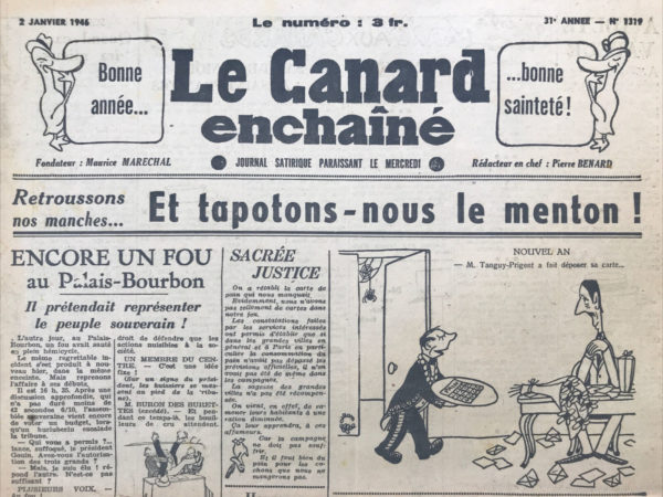 Couac ! | N° 1319 du Canard Enchaîné - 2 Janvier 1946 | Scène VI - La dernière passe, par Pierre Bénard - Vibrant hommage à la fermeture des maisons closes, et à ses clients célèbres, Félix Faure, Deschanel, Barthou,... Marthe Richard, dite la "veuve qui clot" élue au conseil municipal de Paris, obtiendra leur fermeture au travers de la Loi du 9 Avril 1946. Dans son article Hyménée, le divin enfant..., André Sauger décrit avec ironie le mariage civil de Georges Bidault, alors ministre des Affaires étrangères, et de son chef de cabinet, Mlle Suzanne Borel, en soulignant l'étrangeté et la solennité de la cérémonie qui a eu lieu dans une atmosphère intimiste mais peuplée de notables. Sauger met en avant l'omniprésence des représentants du corps ecclésiastique, créant un contraste presque comique avec le maire du 7e arrondissement, qui semblait être un intrus à cet événement. Cette observation sert à critiquer l'ingérence et l'omniprésence de l'Église dans des affaires civiles, soulignant ainsi une tension entre laïcité et religiosité.L'auteur ne manque pas de souligner l'ennui ressenti par Bidault lors de la réception, où il doit serrer inlassablement les mains des invités. L'anecdote où Bidault avoue que se marier est ennuyeux, suivie de sa tentative maladroite de se rattraper auprès de sa nouvelle épouse, met en lumière l'hypocrisie et la superficialité des interactions sociales de l'époque. La description de la réception au quai d'Orsay, avec ses invités prestigieux et son buffet généreux, contraste avec l'attitude de Francisque Gay, qui feint de ne boire que de l'eau bénite mais cède finalement au champagne. Cette scène illustre le décalage entre les apparences et les comportements réels des personnages publics, renforçant l'idée d'une hypocrisie ambiante. Sauger se moque également de la précipitation de Bidault et de sa femme à quitter la réception pour se retirer discrètement, ainsi que de leur départ pour la Suisse le lendemain, soulignant un certain manque de sincérité ou de sérieux dans leurs engagements. Le mariage religieux, qui suit le lendemain, est décrit comme une course effrénée entre les obligations politiques de Bidault, notamment les discussions sur le pacte de Moscou, et les cérémonies religieuses. Sauger critique implicitement la dévotion apparente de Bidault et l'absurdité de jongler entre des responsabilités ministérielles cruciales et des engagements personnels religieux. En résumé, André Sauger utilise le mariage de Georges Bidault comme une occasion pour critiquer la superficialité, l'hypocrisie et les contradictions des élites politiques et religieuses de l'époque. Son style ironique et moqueur met en évidence les tensions entre les valeurs républicaines et la religiosité persistante dans la société française de l'après-guerre. | 1319