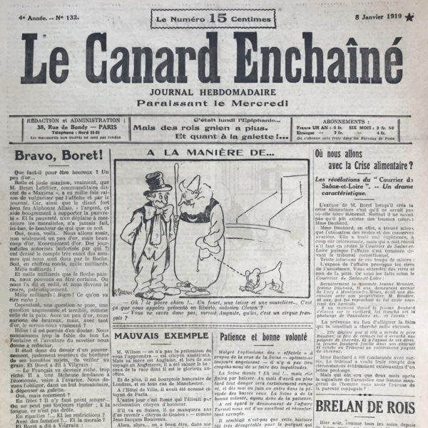 Couac ! | N° 132 du Canard Enchaîné - 8 Janvier 1919 | FARCES LYONNAISES - Notre ami Henri Béraud vient de publier aux Annales, une étude sur l'Humour des Gones et la gaîté lyonnaise. Il s'agit dans ce numéro de la seconde partie. Cette étude humoristique décrit l'esprit farceur et la gaîté cachée des habitants de Lyon, souvent perçus à tort comme sérieux et moroses. L'auteur commence par critiquer le stéréotype des Lyonnais comme des corbeaux, soulignant que leur humour se manifeste souvent en privé. Il utilise l'exemple de Guignol, une figure emblématique du rire à Lyon, pour illustrer cette idée. Les anecdotes racontées mettent en lumière l'esprit facétieux des Lyonnais, comme celle du monument inauguré par M. Justin Godart, où les géomètres déclarent que le milieu de la place se trouve dans un coin. Des situations cocasses sont également décrites, comme celle du compagnon qui coupe le cigare de manière peu conventionnelle ou celle du machiniste des Célestins qui joue des tours à ses concitoyens. Une mention est également faite de M. Augagneur, surnommé "l'Empereur", qui installe une illumination sarcastique lors de la canonisation de Jeanne d'Arc, provoquant une réaction hilarante des habitants de Lyon et une gêne chez les autorités ecclésiastiques. En conclusion, l'auteur souligne le caractère enjoué et plein d'esprit des Lyonnais, défiant ainsi l'image traditionnelle de la ville comme étant austère et sérieuse. | 132