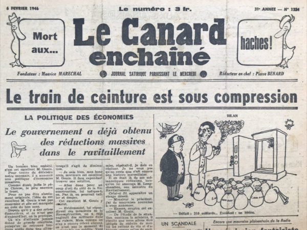 Couac ! | N° 1324 du Canard Enchaîné - 6 Février 1946 | IL ÉTAIT TEMPS M. Félix GOUIN ordonne le blocage, par A. Breffort On s'est enfin décidé, en haut lieu, à prendre, pour sortir d'une situation critique, la seule mesure raisonnable : le blocage. On bloque tout d'abord les salaires et le coût de la vie. De sorte qu'il sera, demain, impossible aux salaires de monter comme au coût de la vie de descendre. Double avantage. Cette opération, qui doit donner tout apaisement au petit commerce, est désignée par les experts sous le nom de "montage de coût". On bloque. Les éternels mécontents en seront pour leurs frais - comme d'habitude - et tomberont sur un os. Pour tout dire, sur un bloc-os. Une grosse quantité de vent vient d'être bloquée en vue de la seule nourriture des aérophages. Les pompes à vélo, que certains trafiquants vendaient à la sauvette en guise de casse-croûte, sont également bloquées. L'Association des Pétomanes professionnels s'est émue — bien à tort — proteste et fait savoir qu'elle va retourner sa vesse. Dans la matinée d'hier, on a bloqué simultanément 23.708 coups de chapeaux alliés, 12 arrivages de fa dièse, 17 entrepôts de poignées de main en provenance d'Amérique, 2 convois d'interjections et 31.000 coups de pied au cul, grand module, demandés par Radar. L'hiver est bloqué jusqu'au 21 mars. Un orateur qui débloquait a été conduit au bloc. Le probloc a touché un, acompte. La situation s'améliore. Les techniciens viennent de mettre au point un appareil bloquer. Il s'agit d'une espèce de tringle à élastique, montée sur chatterton et comportant une bague de coulisse piquée sur triple basane et réglée par niveau d'eau. A. BREFFORT *Le Canard Enchaîné, 6 février 1946* | 1324