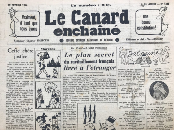 Couac ! | N° 1326 du Canard Enchaîné - 20 Février 1946 | Robert Danger, dans son article "Un pays arriéré, LA SUISSE a du retard", dresse un portrait ironique de la Suisse en février 1946, soulignant ce qu'il perçoit comme des signes de retard par rapport à la France. Dès son arrivée à Genève, il observe avec surprise des détails inhabituels pour lui : des cyclistes et des automobilistes qui laissent leurs véhicules sans antivol et les retrouvent intacts. Pour lui, c’est une première désillusion car en France, cela relèverait de la pure folie. Il continue avec une visite dans un café où il est étonné par la propreté et l'amabilité du serveur, ainsi que par la longue liste de boissons disponibles, contrairement aux ersatz trouvés en France. De même, dans les magasins de chaussures, il est impressionné par la variété et la qualité des produits disponibles sans besoin de rationnement, ce qui contraste fortement avec la situation en France. La présentation des produits dans des boîtes soigneusement emballées lui semble presque provocante par rapport au manque de produits chez lui. Danger trouve l’expérience des hôtels suisses tout aussi exaspérante par leur confort et leur service attentif, qu'il qualifie d'inquisition. Il va jusqu'à critiquer la coutume de cirer les chaussures laissées à l'extérieur des chambres comme un signe de folie. Dans les magasins, il constate avec amertume l'abondance de produits de qualité sans ticket de rationnement. Les charcuteries et boucheries regorgent de produits frais et variés, offrant un spectacle affligeant par leur profusion, alors que la France souffre encore des pénuries d'après-guerre. Enfin, il conclut avec une touche d'ironie en affirmant que la Suisse est en retard parce qu'elle n'a pas suivi le chemin des grandes nations, restant à un niveau de vie et de consommation rappelant "l'avant-guerre". Le ton sarcastique et ironique de Robert Danger met en lumière le contraste frappant entre la Suisse et la France d'après-guerre, tout en critiquant indirectement la situation française de l'époque. | 1326