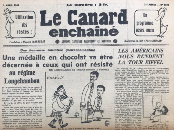 Couac ! | N° 1332 du Canard Enchaîné - 3 Avril 1946 | L'article "Le président Bla-bla-bla" par R. Treno, publié dans Le Canard Enchaîné le 3 avril 1946, présente une critique satirique de la politique du président du Conseil, Félix Gouin. Les "personnes sages" s'inquiètent des nombreux communiqués du Conseil des ministres annonçant des réformes de grande envergure, telles que la nationalisation des assurances, de l'électricité, et l'adoption du statut de la presse. En seulement dix semaines, le programme du Conseil National de la Résistance (CNR) semble en passe d'être réalisé. Cependant, cette rapidité soulève des inquiétudes sur ce qu'il restera aux partis à proposer lors des prochaines élections. Félix Gouin est conscient de ce danger. Bien qu'il ait fait adopter de nombreuses réformes par le Conseil des ministres, il sait que l'Assemblée n'aura pas le temps de toutes les voter. À quelques jours de la fin de la session parlementaire, il établit des priorités pour seulement trois ou quatre projets, laissant les autres en attente jusqu'après les élections. Ce stratagème rappelle celui des candidats qui offraient aux électeurs des billets de 1.000 francs coupés en deux, ne remettant la seconde moitié qu'une fois élus. Gouin, de manière similaire, ne propose aujourd'hui qu'une partie des réformes, promettant le reste après le scrutin. Ainsi, il rase "gratuitement" une seule joue, reportant la seconde à plus tard. Des sources bien informées suggèrent que cette tactique est liée à la "Mission Blum". Si la nationalisation des assurances et le statut de la presse sont reportés, c'est parce que les Américains ont des exigences en échange de leur aide économique. Ils demandent des "assurances" pour garantir leur soutien, y compris une liberté de presse conforme à leurs standards et une administration unique pour l'Allemagne, ce qui pourrait avantager les forces résiduelles nazies (Werwolf). Contrairement à l'idée que la France quémande de l'argent sans rien offrir en retour, le pays propose en échange sa liberté, notamment des garanties sur la presse et des structures administratives. Ce compromis avec les Américains est présenté comme nécessaire, bien que certains doutent de la véracité des déclarations officielles. M. Gouin avait promis, en prenant le pouvoir, de dire toute la vérité au pays. Cependant, l'article suggère que ses manœuvres politiques sont plus complexes et opportunistes, soulignant le décalage entre les promesses et la réalité des négociations internationales. | 1332