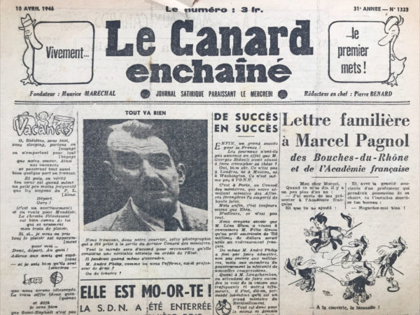 Couac ! | N° 1333 du Canard Enchaîné - 10 Avril 1946 | L'article "ELLE EST MO-OR-TE ! LA S. D. N. ÉTÉ ENTERRÉE POUR LA DERNIÈRE FOIS" par R. Tréno, publié dans Le Canard Enchaîné le 10 avril 1946, décrit avec une ironie mordante la cérémonie funéraire de la Société des Nations (S.D.N.) à Genève. Une grande foule s'est rassemblée pour cet enterrement symbolique. Parmi les participants, on remarque la présence inattendue de l'oncle Sam (représentant des États-Unis), qui n'avait pas montré d'intérêt pour la S.D.N. depuis sa création. Paul-Boncour, qui semble jouer le rôle d'ordonnateur des pompes funèbres, est particulièrement affecté, donnant l'impression d'être le veuf en deuil. Les personnes présentes tentent de le réconforter, soulignant qu'il fallait bien que Genève se passe de la S.D.N. Au premier rang, un personnage sombre, le Négus (Haile Selassie, empereur d'Éthiopie), est interrogé sur ses sentiments. Bien qu'il semble en deuil, il indique ne pas garder de rancune, soulignant sa capacité à continuer malgré la fin de la S.D.N. À l'entrée du cimetière, une ombre passe rapidement et une voix sinistre fait remarquer que la S.D.N. aurait dû être enterrée depuis longtemps. Certains croient reconnaître en ce spectre la figure de feu Pierre Laval, ancien Premier ministre français collaborateur pendant la Seconde Guerre mondiale. L'article, en employant un ton satirique, critique implicitement l'inefficacité et l'échec de la Société des Nations, tout en soulignant les contradictions et l'hypocrisie des acteurs politiques de l'époque. | 1333