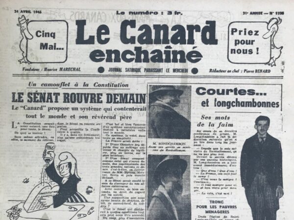 Couac ! | N° 1335 du Canard Enchaîné - 24 Avril 1946 | Dans son article "LE M.R.P. RÉCLAME DES DEMI-PLAGES et choisit le maillot Gay", publié le 24 avril 1946 dans Le Canard Enchaîné, Robert Danger livre une critique acerbe et hilarante des tendances moralisatrices du Mouvement Républicain Populaire (M.R.P.). Par l'humour et l'exagération, Danger dépeint un scénario absurde où les mesures puritaines du M.R.P. sont poussées à l'extrême. L'auteur commence par rappeler la fermeture des maisons closes, déjà un acte de moralisation, et imagine ensuite que le M.R.P. s'attaque aux mœurs sur les plages. Il invente des articles de loi fictifs, tels que l'interdiction des bains mixtes et la séparation stricte des plages selon le sexe. Ces propositions, tout droit sorties de l'imagination de Danger, servent à ridiculiser le zèle moralisateur du parti. Le cœur de la satire réside dans le concours de maillots organisé par le M.R.P., où la tâche est de créer un costume de bain ne laissant deviner aucune forme. Le maillot gagnant, rappelant une camisole de force avec un déshabillé genre soutane, est une image volontairement grotesque qui met en lumière l'absurdité de vouloir imposer une telle pudeur. En caricaturant ainsi le M.R.P., Robert Danger critique la volonté de certains partis politiques d'imposer des normes de moralité strictes, souvent au détriment de la liberté individuelle. Le choix des personnages fictifs, comme Maurice Schumann et Marthe Richard, et l'attribution de rôles exagérés, ajoutent une couche supplémentaire de satire en suggérant que ces figures publiques pourraient soutenir de telles absurdités. L'article conclut avec une ironie mordante en évoquant la production en série de ces maillots dans les maisons de redressement, soulignant l'autoritarisme latent dans les propositions moralisatrices. Par cette exagération humoristique, Danger invite les lecteurs à réfléchir sur les implications réelles des politiques de moralité publique et à se méfier des excès puritains. En somme, "LE M.R.P. RÉCLAME DES DEMI-PLAGES et choisit le maillot Gay" est une satire brillante qui utilise l'humour pour critiquer et déconstruire les excès moralisateurs du M.R.P., rappelant ainsi l'importance de la liberté individuelle et de la modération dans les politiques publiques. | 1335 e1679077096812