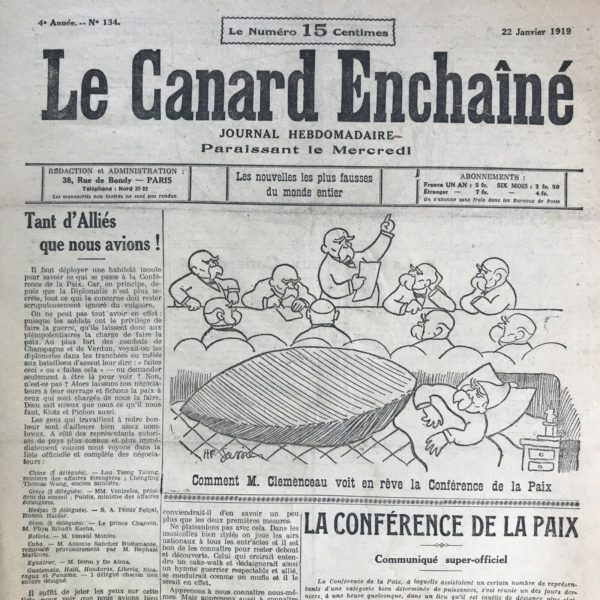 Couac ! | N° 134 du Canard Enchaîné - 22 Janvier 1919 | Conte du Canard - L'AMI DES CANARDS, par Henri Béraud - Cet article humoristique met en scène un vieux gentleman qui raconte à son interlocuteur une histoire insolite et véridique survenue vers 1882. Il était alors un éleveur de foie gras, possédant un « anatarium » à Cusset-les-Vichy. Sa méthode consistait à provoquer une hypertrophie du foie chez les canards pour obtenir un produit de qualité. Cependant, un « anatophile », un ami des canards, entraîna la ruine de l'éleveur en emmenant tous ses canards boire les eaux de la source Célestin, croyant les soigner de leur jaunisse apparente. À son retour, l'éleveur découvrit que ses canards avaient des foies énormes et blancs, une catastrophe pour son commerce. Le récit se termine de manière comique lorsque le vieux gentleman, après avoir partagé son histoire, s'en va discrètement avec quelques objets de table dans sa poche, sans dire au revoir à son interlocuteur. | 134