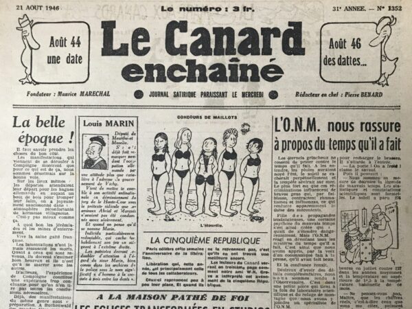 Couac ! | N° 1352 du Canard Enchaîné - 21 Août 1946 | L'article "Les mystères de la guerre: HITLER APPARTENAIT à l'Intelligence Service, Il a sauvé les Alliés" de Pierre Bénard, publié dans *Le Canard Enchaîné* le 21 août 1946, est un chef-d'œuvre de satire et de sarcasme, conçu pour ridiculiser les théories conspirationnistes et les récits héroïques simplistes de la Seconde Guerre mondiale. Bénard ouvre son article en décrivant une version alternative et farfelue de la libération de Paris, attribuant le succès à des figures improbables comme le baron von Posch Pastor, un personnage fictif. Il juxtapose cet "Autrichien au grand cœur" avec des figures réelles comme Nordling et von Choltitz, mais les place tous dans un récit absurde où von Choltitz, un général allemand, serait secrètement un résistant français. Le ton ironique de Bénard est évident lorsqu'il mentionne des interventions miraculeuses, comparant la libération de Paris à l'intervention divine de sainte Geneviève en 1914. Cette exagération sert à critiquer la tendance à chercher des explications simplistes ou héroïques aux événements complexes de la guerre. L'auteur poursuit avec d'autres "révélations", toutes aussi absurdes les unes que les autres. Par exemple, il prétend que le succès de l'armée russe à Stalingrad serait dû à une trahison orchestrée par le même baron von Posch Pastor, qui aurait convaincu le maréchal Paulus de capituler. Cette hypothèse ridicule vise à souligner l'absurdité des théories qui minimisent les véritables stratégies militaires et les sacrifices des soldats. Bénard continue en attribuant le succès du débarquement de Normandie à des complots impliquant Rommel, commandant des forces allemandes en Afrique du Nord, et une danseuse du ventre, ajoutant une couche de burlesque à son récit. Cette satire accentue la critique de la simplification et de la glorification des événements de guerre. Le point culminant de l'article est la révélation grotesque que Hitler aurait été un agent de l'Intelligence Service britannique, chargé de provoquer une guerre mondiale pour permettre aux Alliés de détruire le Reich. Bénard utilise cette affirmation pour se moquer des explications conspirationnistes qui cherchent des motivations cachées et des manipulateurs derrière chaque événement historique. La conclusion, où Bénard prétend que la preuve de cette théorie réside dans le fait que le corps de Hitler n'a jamais été retrouvé, parodie les arguments typiques des théories du complot, soulignant leur manque de preuves tangibles et leur dépendance aux spéculations. En somme, cet article est une satire mordante des récits simplistes et conspirationnistes sur la Seconde Guerre mondiale. Pierre Bénard utilise l'humour et l'absurde pour critiquer la tendance à rechercher des explications héroïques ou complotistes, au lieu de reconnaître la complexité des événements historiques et les efforts collectifs qui ont réellement façonné l'issue de la guerre. | 1352 e1679077423294