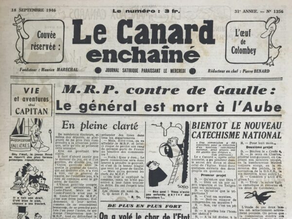 Couac ! | N° 1356 du Canard Enchaîné - 18 Septembre 1946 | Dans l'article "Un spectacle étonnant" publié le 18 septembre 1946 dans *Le Canard Enchaîné*, R. Tréno raconte la visite du président Ho Chi Minh au Palais-Bourbon, où il assiste à une scène de chaos absurde et burlesque impliquant plusieurs politiciens français. Ho Chi Minh est figé d'étonnement en entrant dans la salle des Quatre Colonnes, où il observe une série de bagarres farfelues. Maurice Schumann projette M. Lecourt à la tête de M. de Menthon, qui, tout en gardant son calme, fait trébucher M. Georges Bidault, lequel entraîne M. Vincent Auriol dans sa chute. Auriol appelle ses amis à l'aide, mais M. Daniel Mayer glisse sur une pelure d'orange placée par M. Guy Mollet. Jacques Duclos fait un signe amical à Guy Mollet, qui réagit vivement, promettant de régler le différend lors de la prochaine séance du comité d'entente socialiste-communiste. M. Capitant, avec un œil au beurre noir, tire une fronde sur M. Francisque Gay, l'atteignant en plein visage et provoquant une série de représailles. M. Herriot, en lançant un uppercut à M. Quillici, trébuche sur M. Paul, alors que M. Daladier sifflote un air en arrière-plan. François Mauriac, portant un cierge, est victime d'un coup de pied de M. Georges Bernanos, tombant sur M. Mutter, qui immobilise M. Joseph Denais dans une prise de catch. La scène se transforme en un chaos total, rempli de cris, d'injures et de violence burlesque. Ho Chi Minh, perplexe, demande à M. Marius Moutet ce qu'il se passe, et Moutet répond que c'est "l'Union française". Ho Chi Minh, intrigué, demande si Moutet en fait partie. Cet article est une satire de la politique française d'après-guerre, mettant en scène des personnages politiques réels dans des situations ridicules pour souligner les tensions et les divisions au sein du gouvernement. Le ton est ironique et exagéré, fidèle au style du *Canard Enchaîné*. | 1356 e1679077558292