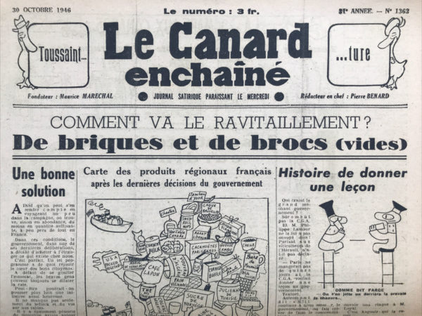 Couac ! | N° 1362 du Canard Enchaîné - 30 Octobre 1946 | Dans l'article "Une bonne solution" publié le 30 octobre 1946 dans *Le Canard Enchaîné*, Pierre Bénard use de son style satirique pour critiquer la politique d'importation du gouvernement français. Il commence par observer que malgré la diversité et l'abondance relative des produits en France, le gouvernement décide d'acheter à l'étranger ce qui est déjà disponible dans le pays. Cette décision est présentée de manière sarcastique comme une initiative qui, bien que ne nourrissant pas le peuple, parvient à le divertir. Bénard étend sa critique à la qualité des ministres en place. Il fait remarquer que, tout comme les denrées alimentaires, les ministres compétents sont rares et qu'on trouve souvent des remplaçants de qualité inférieure, qu'il appelle des "ersatz". Il propose ironiquement d'importer des ministres étrangers, suggérant des candidats potentiels venant des États-Unis, d'Angleterre, de Russie, d'Allemagne, ou même de régions exotiques comme Tombouctou, La Mecque ou le Vatican. L'idée d'un "ministère des cinq continents" est proposée comme une solution qui ferait "plus riche". Bénard souligne le paradoxe de vouloir à tout prix des ministres français alors que leur compétence n'est pas garantie, concluant avec une note d'ironie sur le caractère "plus franc" de sa proposition. Avec ce texte, Bénard critique non seulement la politique d'importation du gouvernement, mais aussi l'incapacité perçue des ministres français à gérer efficacement le pays. Il utilise l'humour et la satire pour souligner les incohérences et les absurdités dans la gestion gouvernementale, offrant ainsi une réflexion mordante sur la politique française de l'époque. | 1362