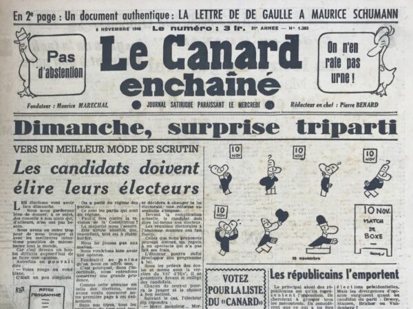 Couac ! | N° 1363 du Canard Enchaîné - 6 Novembre 1946 | La lettre de de Gaulle à Maurice Schumann - Dans le différend qui l'oppose au colonel Passy, Maurice Schumann en appel à l'arbitrage de de Gaulle, sollicité pour attester de son courage pendant la guerre... Schumann sera déçu. "Le Cinéma : 'La Belle et la Bête' (conte de film)" par Huguette ex-MICRO, publié dans *Le Canard Enchaîné* le 6 novembre 1946, offre une critique nuancée et pleine de contrastes du film de Jean Cocteau, sorti en 1946. La critique commence par une conversation avec une amie, Marie-Louise, qui trouve Cocteau ennuyeux au cinéma malgré son charme en conversation. Huguette, tout en promettant de ne pas ennuyer ses lecteurs, exprime son enchantement et son émotion pour le film, regrettant seulement que la Bête ne reste pas une bête. Huguette mentionne des réserves sur le film, notamment le style chargé du décorateur Christian Bérard, qu'elle trouve parfois excessif avec ses répétitions de motifs et sa grande consommation de fumée pour les effets de lumière. Elle apprécie cependant les décors plus simples de Bérard et suggère que ce dernier aurait bénéficié de plus de discipline et de direction pour aller au-delà de ses trouvailles spontanées. Elle critique également le jury du Festival de Cannes pour ne pas avoir distingué ce film exceptionnel. Huguette estime que Cocteau, ravi par l'utilisation de la caméra et du studio, s'est laissé emporter par son propre jeu, oubliant parfois son rôle d'auteur. Elle note que Cocteau s'est souvent laissé remplacer par les talents de Bérard, Auric pour la musique, et Marais pour le jeu, mais que sa propre voix aurait dû être plus présente dans le film. Elle regrette l'absence de trois scènes qui auraient pu enrichir l'histoire et trouve que le silence de Cocteau a transformé ses personnages en statues de marbre. La critique compare le travail de Cocteau à celui de Marcel Carné dans "Les Visiteurs du soir", notant que Cocteau semble comprendre le secret des dieux, contrairement à Carné. Elle admire Jean Marais dans le rôle de la Bête et Josette Day pour sa grâce et justesse dans le rôle de la Belle. Les autres acteurs, ainsi que la partition de Georges Auric et la photographie d'Henri Alekan, sont également salués. En conclusion, Huguette affirme que "La Belle et la Bête" est un film à voir, malgré ses défauts, et prédit qu'on en parlera encore dans dix ans comme d'un film marquant. Elle termine par une réflexion autocritique sur sa tendance à se concentrer sur les défauts du film en raison de la déception causée par l'absence de l'écrivain Cocteau. Cette critique, bien que parsemée de critiques sévères, exprime un grand respect pour l'œuvre et son importance dans le paysage cinématographique mondial, tout en offrant une analyse détaillée des aspects artistiques et techniques du film. | 1363 e1679077834852