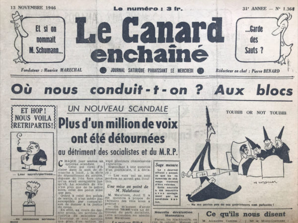 Couac ! | N° 1364 du Canard Enchaîné - 13 Novembre 1946 | Un Nouveau Scandale - par Pierre Bénard - Plus d'un million de voix ont été détournées au détriment des socialistes et du M.R.P. - Dans l'édition du 13 novembre 1946 du *Canard Enchaîné*, Pierre Bénard nous livre une perle de satire journalistique avec son article "Un Nouveau Scandale". La plume de Bénard, acérée et moqueuse, nous présente un prétendu scandale électoral où plus d'un million de voix auraient été détournées, affectant principalement le Parti Socialiste et le M.R.P. (Mouvement Républicain Populaire). Le ton de Bénard est immédiatement identifiable par son ironie mordante. Il commence par relativiser ce "nouveau scandale" par rapport aux précédents, qualifiant le scandale du vin de "petite bière" et celui des pneus de "peu". En fait, il se moque de l'accumulation de scandales en France d'après-guerre, utilisant le prétexte du détournement de voix pour amplifier l'absurdité. Les chiffres sont volontairement grandiloquents : 740 000 voix volées au Parti Socialiste et 553 000 au M.R.P. La réaction rapide des politiciens, avec M. Guy Mollet et M. Maurice Schumann se portant partie civile, est décrite avec un sérieux qui contraste avec le ridicule de la situation. M. Edouard Depreux, ministre de l'Intérieur, promet une enquête exhaustive et des sanctions sévères, ce qui accentue encore plus l'ironie puisque le lecteur comprend qu'il n'y a en réalité rien à enquêter. Le passage sur M. Malafosse, suspecté d'avoir détourné des voix, est un jeu de mots brillant où Bénard fait dire à Malafosse que l'accusation est "absolument Malafosse". De même, la protestation de la maison Pillot, qui "ne marche pas" dans ce scandale, joue sur la confusion entre la fabrication de chaussures et l'implication dans une fraude électorale. La perquisition au ministère de la Production industrielle n'aboutit à rien, mais Bénard insinue avec humour que les suffrages ont peut-être été détournés pour des "voix utilitaires". Il mentionne également les accusations absurdes de M. Maurice Schumann contre le général de Gaulle, et les vérifications à Colombey-les-Deux-Églises qui ne donnent évidemment aucun résultat. L'article culmine avec l'arrestation d'un certain Dupont, accusé d'avoir donné des voix sans déclaration préalable, une parodie évidente des arrestations arbitraires et des accusations farfelues. Pierre Bénard utilise cet article pour se moquer des scandales politiques et de la corruption, tout en soulignant l'absurdité de certaines accusations. Il démontre que souvent, le véritable scandale réside dans le traitement sensationnaliste des affaires et la panique politique plutôt que dans les faits eux-mêmes. En caricaturant cette situation, Bénard nous invite à réfléchir sur la crédibilité et le sérieux des scandales rapportés, tout en nous offrant un moment de franche rigolade. | 1364