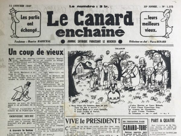 Couac ! | N° 1373 du Canard Enchaîné - 15 Janvier 1947 | Dans cet article satirique intitulé "Nouvelles aventures des Pieds-Nickelés," l'auteur aborde de manière humoristique et critique la situation géopolitique entourant la Nouvelle-Calédonie en 1947. Il relate comment le State Department de Washington a réclamé cette île française, arguant que la France, affaiblie économiquement, n'est plus capable de la défendre efficacement. L'auteur ridiculise cette justification, la qualifiant de prétexte pour s'emparer des riches ressources minières de l'île, notamment le nickel et le chrome, essentiels pour la production d'aciers de guerre. Le texte souligne que cette manœuvre a été chaleureusement accueillie par les marchés financiers de New York et de Londres, qui y voient une opportunité de contrôle économique. L'auteur rappelle qu'un trust anglo-américain du nickel avait déjà tenté, par le passé, de s'emparer des sociétés françaises exploitant ces ressources en Nouvelle-Calédonie. Il évoque ensuite l'historique de l'implantation de l'International Nickel en Nouvelle-Calédonie depuis 1940, initialement sous le prétexte de prévenir une prise de contrôle japonaise. Aujourd'hui, ce même trust revendique sa présence de manière polie mais ferme : "J'y suis, j'y reste." L'auteur met en lumière la complexité de la situation en précisant que les sociétés françaises Le Nickel et Le Chrome sont contrôlées par la Banque Mirabaud, une puissante banque d'affaires avec de solides relations internationales. Il mentionne aussi l'arrivée de M. André Istel, un ancien conseiller financier du général de Gaulle, nommé administrateur pour négocier avec les Américains. Avec une dose d'ironie mordante, l'auteur souhaite bonne chance à M. Istel dans cette mission délicate, soulignant les enjeux et les intérêts multiples en jeu dans cette nouvelle aventure des "Pieds-Nickelés." | 1373 e1719828230605