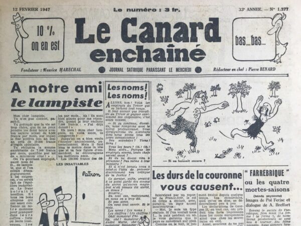 Couac ! | N° 1377 du Canard Enchaîné - 12 Février 1947 | "A notre ami le lampiste" - Dans cet article du 12 février 1947 paru dans Le Canard Enchaîné, R. Tréno adresse une lettre fictive et sarcastique à un lampiste (ouvrier d'entretien des lampes), représentant symbolique des travailleurs ordinaires de l'après-guerre. À travers un ton ironique, l'auteur critique sévèrement les politiques économiques et sociales de l'époque, ainsi que l'attitude des dirigeants envers les revendications des classes populaires. Tréno commence par rappeler les plaintes du lampiste sur la cherté de la vie et l'insuffisance de son salaire de 6.500 francs par mois, tout en soulignant l'absurdité des impôts exorbitants auxquels il est soumis. Le lampiste réclame un minimum vital de 7.000 francs par mois, une demande que Tréno décrit avec ironie comme "exorbitante". L'article se moque des explications données par le gouvernement pour justifier le refus d'augmenter les salaires. L'auteur souligne l'importance du maintien de l'équilibre budgétaire et la préservation des économies des "bons citoyens" riches, critiquant ainsi l'hypocrisie des politiques financières qui favorisent les nantis au détriment des travailleurs. Tréno utilise l'humour pour ridiculiser les compensations dérisoires offertes par le gouvernement, comme les réductions de 5 % sur des biens non essentiels, tandis que les produits de première nécessité restent inaccessibles ou hors de prix sur le marché noir. Le contraste entre les mesures inefficaces du gouvernement et les besoins réels des travailleurs est souligné de manière satirique. Le ton devient plus acerbe lorsque l'auteur aborde les augmentations de salaire des députés et des ministres. La colère du lampiste face à l'augmentation de 10.000 francs par mois pour les élus est utilisée pour dénoncer l'injustice et l'indifférence des dirigeants envers les difficultés des travailleurs. Tréno met en lumière l'absurdité de la situation en comparant les sommes astronomiques dépensées pour les privilèges des élus avec les modestes revendications des travailleurs. L'article se termine par un appel sarcastique à la compréhension et à la résignation. Tréno, en utilisant une fausse sympathie, demande au lampiste de ne pas "mettre sur la paille" le gouvernement avec ses demandes, soulignant ainsi l'absurdité de la situation économique et sociale. L'auteur conclut en invitant le lampiste à être "gentil, mignon, compréhensif", tout en soulignant l'hypocrisie et l'iniquité des politiques en place. En somme, cet article de R. Tréno est une critique acerbe et satirique des politiques économiques et sociales de l'après-guerre en France. À travers une lettre fictive au lampiste, l'auteur met en lumière les contradictions, l'hypocrisie et l'injustice des mesures gouvernementales, tout en soulignant la frustration et la colère des travailleurs face à leur situation difficile. | 1377 e1719828732780