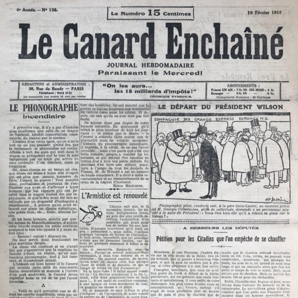 Couac ! | N° 138 du Canard Enchaîné - 19 Février 1919 | À Messieurs les Députés PÉTITION POUR LES CITADINS QUE L'ON EMPÊCHE DE SE CHAUFFER, par Henri Béraud - Dans cette pétition satirique adressée aux députés, l'auteur, un Parisien, exprime avec ironie et sarcasme le désarroi des citadins face au manque de charbon pour se chauffer. Il se moque de l'inefficacité des discours et des promesses des politiciens, soulignant leur impuissance à résoudre les problèmes concrets de la vie quotidienne. L'auteur critique l'attitude des députés, qui semblent déconnectés des réalités du peuple qu'ils sont censés représenter. Il ironise sur leur incapacité à influencer les événements et à répondre aux besoins urgents de la population en matière de chauffage. Le ton satirique est renforcé par les références à des ministres passés et présents, comme Marcel Sembat et Claveille, présentés comme des figures pittoresques et incompétentes. L'auteur souligne le contraste entre les discours politiques enflammés et les actions concrètes, se moquant de l'absurdité de la situation où le charbon arrive en été alors que le froid sévit en hiver. En conclusion, cette pétition illustre de manière humoristique les frustrations et les désillusions des citoyens face à l'inaction des politiciens et à leur impuissance à résoudre les problèmes du quotidien. | 138