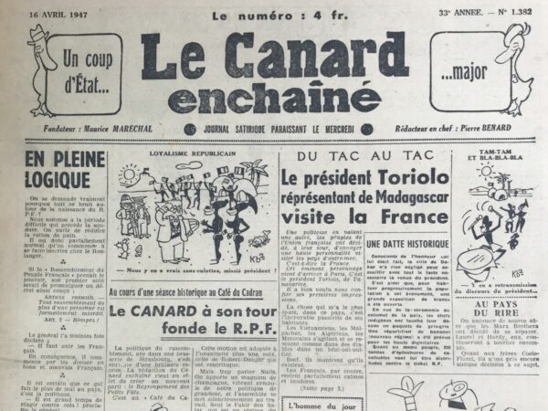 Couac ! | N° 1382 du Canard Enchaîné - 16 Avril 1947 | "DU TAC AU TAC Le président Toriolo représentant de Madagascar visite la France" - Cet article satirique de R. Tréno offre un regard ironique sur la situation politique et sociale de la France d'après-guerre à travers les yeux fictifs du président Toriolo de Madagascar. En faisant semblant de rapporter les impressions d’un visiteur étranger, l'auteur critique divers aspects de la société française, de la politique et de l'économie. Tréno commence par un contraste frappant entre la passivité des Français et l'agitation des habitants des colonies françaises. En soulignant que les populations coloniales se manifestent activement pour leurs droits, tandis que les Français semblent accepter leur sort sans protestation, l'auteur met en lumière un certain apathisme politique en France. Cette observation soulève des questions sur la participation civique et l'engagement politique des citoyens français de l'époque. Le président Toriolo est surpris par la liberté d'expression accordée aux opposants politiques en France. Il trouve étrange que le général de Gaulle puisse critiquer ouvertement le gouvernement sans répercussions sérieuses, alors que des critiques similaires à Madagascar seraient sévèrement réprimées. Ce contraste souligne l'ironie de la situation et critique implicitement la tolérance apparente de la France pour la dissidence politique. L'article poursuit avec une critique de l'économie française, en utilisant l'exemple de l'abondance apparente de bétail vue par le président lors de son voyage, contrastant avec la pénurie de viande à Paris. Cette contradiction est utilisée pour souligner les incohérences et les difficultés économiques que la France traverse après la guerre. Tréno met en lumière les disparités entre les apparences et la réalité économique du pays. La rencontre avec le ministre des Finances, qui demande de l'aide financière, renforce l'image d'une France en difficulté financière, malgré les apparences d'abondance. Cette situation est utilisée pour critiquer l'état des finances publiques et la gestion économique du pays. La mention de la reconstruction incomplète des villes détruites pendant la guerre et le manque d'argent pour financer ces projets ajoute une couche supplémentaire de critique à la gestion économique et à la priorisation des ressources par le gouvernement français. Enfin, l'anecdote sur les policiers et la confusion du président Toriolo concernant le Conseil de la République montre l'absurdité perçue des situations et des institutions françaises. La réaction de Toriolo met en relief les différences culturelles et la difficulté de comprendre les pratiques et les normes françaises à travers un prisme étranger. En somme, cet article de R. Tréno utilise l'humour et l'ironie pour critiquer les contradictions, les incohérences et les absurdités de la France d'après-guerre. En présentant les impressions d'un visiteur fictif, l'auteur met en lumière des problèmes sociaux, politiques et économiques, tout en soulignant les différences culturelles et les perceptions variées de la réalité française. | 1382 e1719831372386