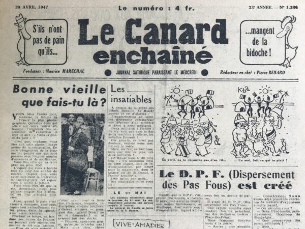 Couac ! | N° 1384 du Canard Enchaîné - 30 Avril 1947 | L'article "Bonne vieille que fais-tu là ?" par R. Tréno, publié dans Le Canard Enchaîné le 30 avril 1947, dresse un portrait poignant et critique d'une femme ordinaire, symbolisant la résignation et la désillusion face à la situation socio-économique de la France d'après-guerre. Le texte commence par observer que cette femme, photographiée dans une file d'attente pour du pain, est devenue l'image de la résignation française. R. Tréno utilise cette femme pour illustrer le sentiment d'abandon et de désespoir qui a saisi une grande partie de la population après la libération, lorsque les espoirs de reconstruction et de prospérité se sont heurtés à la dure réalité de la pénurie et de la désorganisation. Le passage sur les meules de blé non battues en bordure des routes et les boulangeries fermées met en évidence l'inefficacité et l'indifférence perçues des autorités. La réponse du ministre de l'Agriculture, M. Tanguy-Prigent, est présentée comme une banalisation choquante de la situation, renforçant le sentiment que les dirigeants sont déconnectés des souffrances du peuple. La description de cette femme, qui reprend son tabouret et retourne faire la queue pour le pain sans espoir ni protestation, est un puissant symbole de la résignation collective. Tréno souligne l'absurdité et l'injustice de la situation en mentionnant les travailleuses privées de pain, les midinettes partageant leur maigre déjeuner avec les moineaux, et l'explication officielle qui blâme les Parisiens eux-mêmes pour la pénurie. Le ton de l'article est empreint de sarcasme et d'indignation. L'auteur se moque des justifications des autorités, tout en exprimant une profonde empathie pour cette femme et, à travers elle, pour tous les citoyens ordinaires qui subissent les conséquences des politiques inefficaces. La conclusion, où la femme demande seulement à emmener son tabouret si les agents viennent l'arrêter, encapsule parfaitement le thème de la résignation. Elle n'a plus d'espoir ni de force pour se révolter, acceptant son sort avec une fatigue accablante. En résumé, l'article de R. Tréno est une critique acerbe de l'indifférence gouvernementale et de la souffrance populaire. Il utilise la figure de cette femme résignée pour dénoncer l'inefficacité et l'insensibilité des autorités face aux besoins fondamentaux de la population. | 1384 e1719834134515