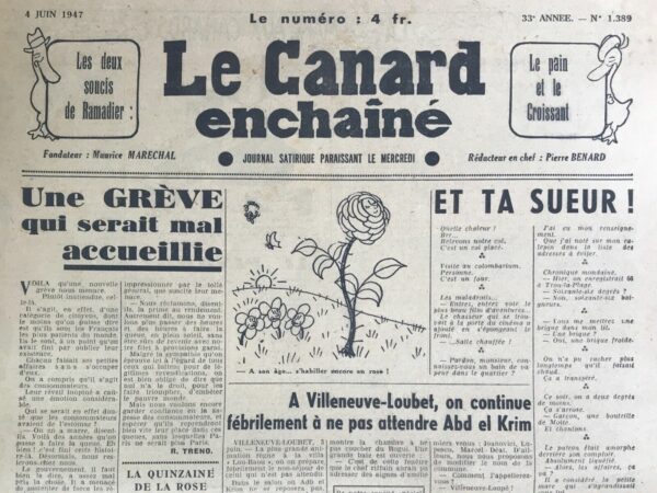 Couac ! | N° 1389 du Canard Enchaîné - 4 Juin 1947 | L'article satirique de R. Tréno intitulé "Une grève qui serait mal accueillie", paru dans Le Canard Enchaîné le 4 juin 1947, se moque de manière ironique d'une prétendue grève des consommateurs en France. L'article commence en soulignant l'inattendue mobilisation des consommateurs français, souvent perçus comme patients et peu enclins aux mouvements sociaux. Cette soudaine décision de faire grève, selon l'auteur, aurait provoqué une grande émotion, ironiquement exprimée par le fait que personne ne se serait imaginé que les consommateurs avaient des revendications aussi fortes. Tréno caricature la réaction des autorités et des commerçants face à cette grève fictive, décrivant le gouvernement menaçant de répressions et faisant appel à des moyens comme le réquisitionnement de ménagères pour remplacer les consommateurs absents des files d'attente. Les commerçants et les syndicats professionnels sont présentés comme indignés par cette initiative, la qualifiant de provocation et craignant les conséquences économiques pour leurs propres revendications. Malgré l'impopularité et le tollé général suscité par cette grève fictive, Tréno donne la parole aux consommateurs, qui revendiquent une amélioration de leurs conditions d'achat, notamment en réduisant le temps passé à faire la queue sous le soleil sans garantie de succès. En conclusion, l'article tourne en dérision la situation en soulignant l'absurdité d'une grève des consommateurs et en suggérant que la société parisienne perdrait de son âme sans ces files d'attente omniprésentes. Il critique ainsi subtilement la gestion des mouvements sociaux et des revendications économiques de l'époque par les autorités françaises. | 1389 e1719843724251