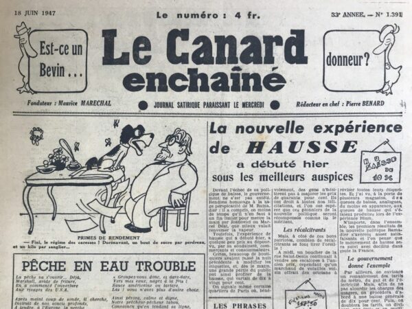 Couac ! | N° 1391 du Canard Enchaîné - 18 Juin 1947 | La comédie française RAMADIER et SCHUMAN triomphent dans une reprise du "Malade imaginaire" - Dans cet article satirique paru le 18 juin 1947 dans *Le Canard Enchaîné*, Yves Grosrichard utilise la célèbre pièce de Molière, *Le Malade imaginaire*, pour critiquer la situation politique et financière de la France sous les gouvernements de Paul Ramadier et Robert Schuman. La scène se déroule dans une France étouffée par les impôts et les taxes, symbolisée par Argan, renommé Argan-Lampiste. Assis seul dans sa mansarde, il compte ses feuilles d'impôts et se lamente sur ses finances. Il calcule les différents impôts et contributions qui l'ont laissé pratiquement sans un sou. Le personnage de Marianne, qui combine les rôles de Toinette et de Marianne, annonce l'arrivée de M. Diafoirus-Schuman, une parodie du ministre Schuman. Avec sa pompe à finances en main, Diafoirus-Schuman s'approche pour "traiter" Argan-Lampiste. Ce dernier, exaspéré, repousse la feuille d'impôt que Diafoirus-Schuman lui tend et le supplie d'aller chercher de l'argent ailleurs. S'ensuit l'entrée dramatique de Purgon-Ramadier, une caricature du Premier ministre Ramadier, qui réprimande Argan-Lampiste pour avoir refusé ses ordonnances fiscales. Purgon-Ramadier menace de laisser Argan-Lampiste à son sort, prédisant une série de malheurs politiques et financiers. Dans un acte de désespoir, Argan-Lampiste prend la purge financière, tombe raide avant de se relever, saisir son bâton et courir au bassin. Juste avant de disparaître, il exprime son exaspération face aux mesures financières imposées par Ramadier et Schuman. La scène se termine de manière dramatique avec Argan-Lampiste lançant une dernière réplique cinglante, soulignant l'inefficacité et la lourdeur des mesures financières, avant que le rideau ne tombe. Grosrichard, à travers cette parodie, critique de manière acerbe les politiques fiscales du gouvernement de l'époque, les comparant à des purges inefficaces et douloureuses, et souligne l'épuisement et la frustration des citoyens français. | 1391 e1719902662395