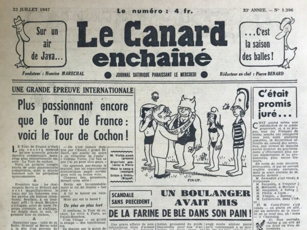 Couac ! | N° 1396 du Canard Enchaîné - 23 Juillet 1947 | Yves Grosrichard, dans son article "Le Gay Paris - Visite au palais fantôme", nous entraîne dans une satire mordante et humoristique de la bureaucratie française, plus particulièrement du Conseil de la République. En utilisant l'image d'un musée de fantômes, il se moque de l'inutilité et de la vacuité de cette institution. L’humour est omniprésent dès le début, lorsque le guide chuchote solennellement que le Conseil de la République, créé pour loger des politiciens sans succès, n’est en réalité qu’un « royaume des ombres ». La caricature est poussée à l'extrême lorsque le guide recommande aux visiteurs de garder leur chapeau pour se protéger du froid des intérieurs, soulignant le manque de vie et de chaleur humaine dans cette assemblée. L’ironie culmine lors de la visite des « caveaux » où l’obscurité totale et le cliquetis des chaînes évoquent plus une scène de film d’horreur qu’un bâtiment gouvernemental. La rencontre avec le président du Conseil, confondu avec un fantôme à cause de son teint sombre, ajoute une touche d'absurdité et de surréalisme. La scène la plus satirique est sans doute celle de l’hémicycle, où seuls deux conseillers sont présents, et l’un d’eux dort. Grosrichard ridiculise le sérieux supposé des débats politiques en soulignant leur inactivité et leur insignifiance. La remarque du guide, indiquant qu’il s’agit d’un « débat particulièrement animé », accentue le contraste comique entre la réalité et la prétendue importance de ces réunions. La visite se termine en beauté à la buvette, où l’Américain du groupe s’émerveille des tables tournantes, symbole des « esprits frappeurs » de cette assemblée imaginaire, et conclut que c'est vraiment une maison hantée. Grosrichard conclut sa satire en soulignant l’absurdité totale de cette institution bureaucratique, comparée à un théâtre de fantômes dirigé par des « marteaux », métaphore des esprits dérangés. En somme, Yves Grosrichard utilise l'humour, la caricature et l'ironie pour critiquer de manière éclatante et divertissante l'inefficacité et l'inutilité perçues du Conseil de la République, tout en offrant au lecteur une réflexion sur les absurdités de la bureaucratie. | 1396 e1720007028795