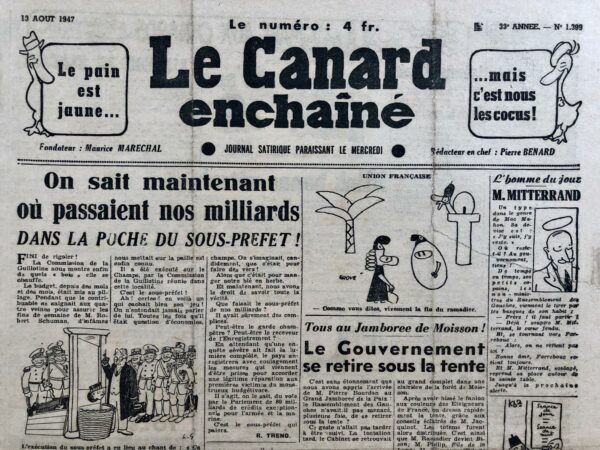 Couac ! | N° 1399 du Canard Enchaîné - 13 Août 1947 | Dans l'article "Marianne au pain sec", Yves Grosrichard use de son style satirique pour critiquer avec verve et ironie la situation alimentaire en France de l'après-guerre, notamment en s'attaquant au ministre de l'Agriculture, M. Tanguy-Prigent. L'article commence par une référence littéraire à la "petite Jeanne" de Victor Hugo, comparant le pain de Jeanne, qui était blanc et abordable, au pain de Marianne, qui est jaune et coûteux. Cette juxtaposition humoristique souligne la dégradation de la qualité de vie sous l'administration actuelle. L'humour se déploie davantage avec la description des mésaventures de Marianne, métaphore de la France, qui grignote son pain jaune sous la surveillance d'un "cabinet" qui lui en fait voir de toutes les couleurs. L'auteur joue ici sur le double sens du mot "cabinet", évoquant à la fois le gouvernement et un lieu de punition. Grosrichard ne ménage pas Tanguy-Prigent, qu'il accuse d'être le principal responsable de la situation. Il se moque de ses nombreuses fonctions et titres pompeux, soulignant l'ironie de son incompétence. Les promesses non tenues du ministre sont tournées en dérision, notamment son incapacité à assurer l'approvisionnement en céréales malgré ses voyages en Amérique du Nord. Le ton sarcastique culmine lorsque Grosrichard décrit les mesures qui ont conduit à l'augmentation du prix du pain, notamment l'incorporation de "succédanés" dans la farine. Cette situation est caricaturée comme une absurdité totale, où non seulement le pain devient de plus en plus mauvais, mais aussi de plus en plus cher. L'auteur conclut avec une anecdote sur la nomination surprise de Tanguy-Prigent comme ministre, une "tuile" qui, selon Grosrichard, est surtout une catastrophe pour le peuple français. En somme, cet article est une satire mordante de la gestion gouvernementale de l'après-guerre, mettant en lumière les incohérences et les échecs de Tanguy-Prigent avec une ironie cinglante et un humour acerbe. | 1399 1 rotated