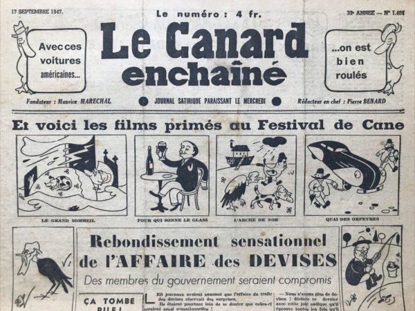 Couac ! | N° 1404 du Canard Enchaîné - 17 Septembre 1947 | Conclusion des enquêteurs américains : LA FRANCE ? Un pays de Cocagne - Dans cet article satirique, Jean-Paul Lacroix se moque des conclusions hâtives et des clichés des enquêteurs américains sur la France d'après-guerre. Les délégués de la commission d'enquête américaine, venus étudier la misère du prolétariat français, séjournent à l'hôtel Crillon, un établissement luxueux, et prennent leurs repas dans des restaurants huppés comme "Chez Larue" et "Fouquet's". Lacroix utilise l'absurde pour souligner l'ironie de la situation. Les enquêteurs, censés étudier la pauvreté, se retrouvent dans les lieux les plus opulents de Paris. Ils interprètent mal les signes de richesse et de luxe qu'ils rencontrent, croyant qu'ils reflètent la vie quotidienne de l'ouvrier moyen français. Le contraste entre les attentes des enquêteurs et la réalité qu'ils perçoivent crée un humour mordant. L'auteur continue de jouer sur les stéréotypes et les malentendus culturels, comme lorsqu'un homme en smoking et robe de soirée est pris pour un ouvrier et sa femme, ou quand un client de bar, décrit comme un débardeur, parle de conditions de travail utopiques. L'idée que ces travailleurs vivent comme des aristocrates montre l'absurdité des conclusions des enquêteurs américains. La conclusion de l'article, où les enquêteurs retournent en Amérique convaincus que le Français moyen vit dans une prospérité digne des grands seigneurs, renforce le message satirique. Lacroix se moque des perceptions erronées et des conclusions simplistes basées sur des observations superficielles. En somme, cet article est une critique humoristique des enquêtes superficielles et des jugements hâtifs, mettant en lumière la différence entre apparence et réalité dans la France d'après-guerre. | 1404