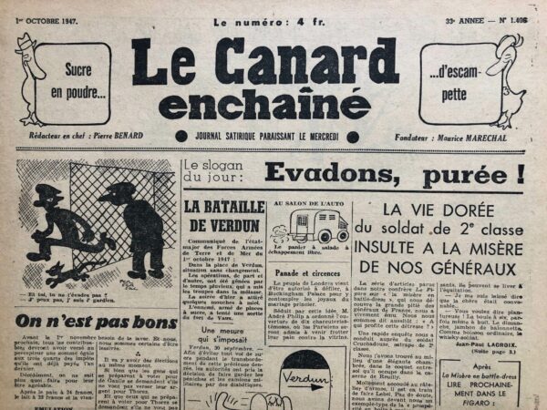 Couac ! | N° 1406 du Canard Enchaîné - 1 Octobre 1947 | Dans cet article intitulé "On n'est pas bons", Yves Grosrichard critique de manière acerbe les politiques fiscales du gouvernement français de l'époque. Il aborde la nouvelle mesure fiscale imposant aux contribuables de payer une avance égale aux trois quarts de leurs impôts de l'année précédente avant le 1er novembre. Cette mesure est présentée comme une tentative désespérée du gouvernement pour récupérer des fonds, malgré la situation économique difficile des citoyens. Grosrichard utilise un ton sarcastique pour souligner l'absurdité de la situation. Il liste les prix exorbitants des produits de base comme le pain, le lait et la viande, et suggère que le gouvernement demande toujours plus aux citoyens sans rien offrir en retour. La fixation de la date d'échéance au 1er novembre, qu'il surnomme "la fête des Fossoyeurs", renforce le sentiment de désespoir et de frustration ressentis par les contribuables. L'auteur accuse le gouvernement de demander un "chèque en blanc", insinuant que l'argent des contribuables pourrait être utilisé de manière irresponsable ou opaque. Il souligne l'incertitude du gouvernement quant à sa direction future, tout en exigeant des fonds supplémentaires des citoyens. Cette critique est renforcée par le fait que les élections approchent, ce qui ajoute une couche de cynisme à la situation, car les électeurs ne savent pas pour qui leur argent sera finalement utilisé. Grosrichard conclut en exprimant un sentiment de lassitude et de résignation, tout en soulignant l'ironie de la situation où les citoyens sont continuellement sollicités pour des "versements" sans fin. Cette critique mordante met en lumière les frustrations des Français face aux politiques fiscales de l'époque et leur sentiment d'impuissance face à un gouvernement perçu comme inefficace et insensible à leurs difficultés économiques. | 1406 2