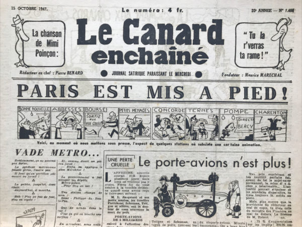 Couac ! | N° 1408 du Canard Enchaîné - 15 Octobre 1947 | Dans l'article "Une perte cruelle: le porte-avions n'est plus !" publié dans Le Canard Enchaîné le 15 octobre 1947, Jean-Paul Lacroix utilise son style caractéristique pour tourner en dérision la perte d'un porte-avions coûteux et inutile, incarnant ainsi la satire politique et sociale de l'époque. La "mort" du porte-avions de 5 milliards est annoncée avec une ironie mordante, comme s'il s'agissait de la disparition d'un être cher, soulignant ainsi l'absurdité de cet investissement. Lacroix décrit une cérémonie funéraire fictive où des figures politiques et militaires de l'époque, telles que Ramadier, Jacquinot, Teitgen, Schuman, Herriot, de Lattre de Tassigny, et Sacha Guitry, jouent des rôles solennels et grotesques. Les détails, tels que les "tuyaux de poêle" et les "cordons du char funèbre", renforcent le ton satirique et mettent en lumière le gaspillage de ressources dans un projet aussi inutile. L'évocation des "petits avions orphelins" et de la "Section de marins de l'Air" apporte une dimension comique, tout en soulignant la tristesse feinte de la situation. Le discours émotionnel de Georges Bidault et de l'amiral Thierry d'Argenlieu ajoute une couche de sarcasme à la scène, rendant la perte encore plus absurde. Lacroix ne manque pas de critiquer l'inutilité et le coût exorbitant du porte-avions, en faisant remarquer qu'il était un sujet constant pour les journalistes en quête de scandales et une excuse parfaite pour les ministres des Finances cherchant à justifier des augmentations d'impôts et des coupes budgétaires. Le porte-avions devient ainsi un symbole des dépenses gouvernementales excessives et mal orientées. En conclusion, l'article de Jean-Paul Lacroix est une critique acerbe et humoristique de la politique de défense et des dépenses publiques de l'époque. Par son ton ironique et ses descriptions exagérées, il met en lumière l'inefficacité et le gaspillage associés à des projets coûteux et inutiles, tout en offrant une réflexion sur la gestion des ressources et des priorités gouvernementales. | 1408