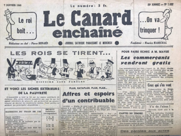 Couac ! | N° 1420 du Canard Enchaîné - 7 Janvier 1948 | Dans l'article "Une solution qui s'imposait: Nous adoptons un capitaine de zouaves" publié le 7 janvier 1948 dans *Le Canard Enchaîné*, R. Tréno utilise son habituel ton satirique pour critiquer l'énorme budget militaire de l'époque et la gestion des dépenses publiques. Tréno commence par mentionner les 350 milliards de crédits militaires récemment votés, un montant qu'il qualifie de "bataille de la somme". Il ironise sur le fait que chaque contribuable doit payer environ 20.000 francs, soulignant l'énormité de la somme et la fierté ironique que les citoyens devraient ressentir en entretenant des militaires de haut rang. Pour illustrer l'absurdité de la situation, Tréno raconte une anecdote fictive où il rencontre un "capitaine de zouaves", un soldat idéalisé avec des bacchantes imposantes. Il propose de court-circuiter les intermédiaires coûteux, comme le percepteur et le trésorier-payeur, en envoyant directement le chèque au capitaine. Ce dernier accepte avec enthousiasme, illustrant ainsi la simplicité et l'efficacité supposées de cette approche directe. Tréno continue en racontant comment il a invité le capitaine à s'installer chez lui, sous prétexte d'améliorer les conditions de logement du militaire. Il transforme ainsi la notion de "défense nationale" en une "défense individuelle", mettant en évidence l'absurdité de l'énorme budget militaire par rapport aux besoins réels des citoyens. Le capitaine, en tant que nouveau membre de la famille, enseigne même au fils de Tréno à "faire le zouave" pendant ses nombreuses heures de loisir. Tréno conclut en affirmant qu'il a enfin l'impression d'en avoir pour son argent, soulignant une dernière fois, par l'absurde, l'inefficacité et le gaspillage des dépenses publiques militaires. En somme, Tréno utilise une histoire fictive et humoristique pour critiquer la gestion des finances publiques, mettant en lumière l'inadéquation entre les énormes dépenses militaires et les véritables besoins des citoyens. Il se moque de la bureaucratie et des dépenses inutiles, tout en soulignant la déconnexion entre le gouvernement et la réalité des contribuables. Cinéma: Les raisins de la colère, De John Ford · Avec Henry Fonda, Jane Darwell, John Carradine · | 1420