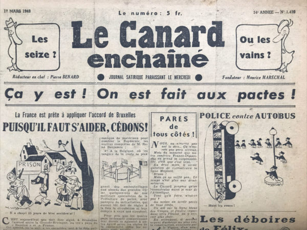 Couac ! | N° 1430 du Canard Enchaîné - 17 Mars 1948 | Les déboires de Félix-le-Chai - Dans cet article du 17 mars 1948, R. Tréno du *Canard Enchaîné* critique sévèrement l'ancien chef d'État Félix Gouin, impliqué dans un scandale de corruption. Tréno accuse Gouin d'avoir potentiellement compromis la réputation de la République française. Selon lui, si Yves Farge n'avait pas dénoncé Gouin, ce dernier aurait pu remplacer Vincent Auriol à la présidence, entraînant la France dans une profonde disgrâce, avec des figures douteuses comme Zerbini et le colonel Savy occupant des postes clés. Tréno rappelle un précédent article du *Canard* du 1er octobre, où il était suggéré que soit Farge, soit Gouin, devait être arrêté. Farge a été acquitté, validant ainsi ses accusations contre Gouin. Les attendus du président Durkheim confirment que la société Sapvin a bénéficié d'avantages abusifs, en versant des pots-de-vin au colonel Savy et à son fils Michel. Ces derniers ont ensuite été placés à des postes lucratifs sans devoir travailler. L'article critique aussi le soutien de Léon Blum à Gouin, en soulignant que Blum couvre ainsi les agissements corrompus de Zerbini et des Savy. Tréno conclut en exhortant à une action judiciaire contre Gouin pour rétablir la justice et combattre la corruption au sein du gouvernement. | 1430