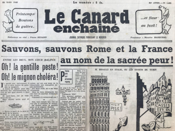 Couac ! | N° 1431 du Canard Enchaîné - 24 Mars 1948 | Enfin, le "Canard" déploie ses ailes ! Dans cet article du 24 mars 1948, la rédaction du *Canard Enchaîné* annonce fièrement un changement majeur : le journal passe à un format plus grand, similaire à celui d'avant la Seconde Guerre mondiale. Ce retour à un format étendu est présenté comme une renaissance pour le *Canard*, qui était limité par la petite taille de ses pages depuis la Libération, due à la perte de ses rotatives, emportées par les Allemands. Cependant, ce changement s'accompagne d'une augmentation du prix de vente du journal, de 5 à 8 francs, effective à partir du 31 mars. La rédaction explique que cette augmentation est rendue nécessaire par les coûts croissants des matériaux, de l'impression et de la distribution, ainsi que par une récente communication des Nouvelles Messageries de la Presse Parisienne (NMPP), imposant une remise plus élevée sur les ventes. Le *Canard* souligne qu'il est le seul journal parisien à ne vivre que des revenus de ses ventes, sans publicité. En dépit de l'augmentation du prix, le *Canard Enchaîné* rassure ses lecteurs en affirmant que le journal reste le moins cher des hebdomadaires et qu'il continue à offrir une valeur unique grâce à son contenu et à sa nouvelle présentation plus lisible et plus étendue. Cinéma, A quoi rêvent les jeunes flics, par Citoyen Cane : Les Enchaînés, réalisé par Alfred Hitchcock avec Cary Grant, Ingrid Bergman. | 1431