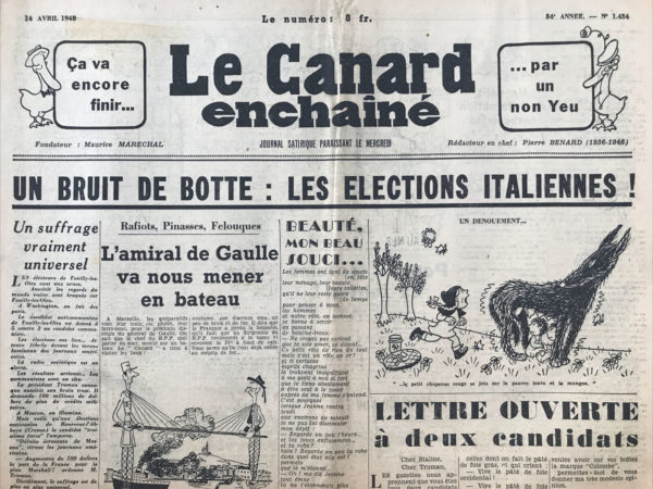 Couac ! | N° 1434 du Canard Enchaîné - 14 Avril 1948 |  LETTRE OUVERTE à deux candidats - par R. Tréno - Dans cette lettre ouverte, publiée le 14 avril 1948 dans *Le Canard Enchaîné*, R. Tréno adresse un message mordant et ironique aux deux candidats au prix Nobel de la Paix de l'époque : Joseph Staline et Harry Truman. Tréno utilise une plume acerbe pour critiquer la candidature des deux dirigeants, mettant en lumière les contradictions de leur quête de paix tout en étant responsables de politiques militaristes et impérialistes. Cher Staline, Cher Truman, Les journaux nous apprennent que vous êtes tous deux candidats au prix Nobel de la Paix. Permettez à un humble citoyen d'un pays qui n'est ni l'un ni l'autre de vous adresser quelques mots. Dans notre pays, un tiers des habitants supporte l'un de vous, et un tiers l'autre, un peu comme des oies soutenant différentes marques de pâté de foie. Permettez-moi de vous donner mon avis très modeste. Vous deux, obtenir le prix Nobel de la Paix ? On vous voit venir ! Vous allez encore diviser la paix en deux zones, comme Berlin, avec une zone de paix russe et une zone de paix américaine. Et il faudra un laissez-passer pour aller de l'une à l'autre. Les journaux rapporteront alors une nouvelle sensationnelle : "On vient d'identifier la dernière femme coupée en morceaux. Il s'agit de Paix." Et que ferez-vous de votre moitié du prix Nobel, Truman ? Vous l'enverrez à votre ami Tsaldaris pour équiper une division. Et vous, Staline, comment utiliserez-vous votre part ? Pour armer une division de Markos. Si votre gloire nécessite absolument un prix Nobel, qu'on en crée un nouveau, tout exprès pour vous : le prix Nobel des coupeurs de cheveux en quatre. Mais pour le prix Nobel de la Paix, mieux vaut y renoncer. Il vous coûterait trop cher. Il vous faudrait jeter au fond de l'océan vos bombes atomiques, vos V2, V3 et autres armes mortelles, dont vous êtes si fiers. Que diraient alors vos maréchaux, vos généraux, vos diplomates de choc ? Vous êtes tous deux comme ce philosophe de l'Antiquité jouant aux devinettes avec un petit oiseau. Vous tenez dans la main la colombe de la Paix. Est-elle morte ? Est-elle vivante ? Comme si l'on ne savait pas que cela dépend de vous. Que vous serriez un peu plus fort ou que vous relâchiez votre étreinte. Personne n'aurait pensé à décerner à notre philosophe une carte de bienfaiteur des petits oiseaux. Pourquoi vous donnerait-on le Nobel de la Paix ? Qu'on le réserve plutôt à Albert Einstein, ou qu'on le partage entre ces savants américains qui, sous son impulsion, ont décidé de ne plus fabriquer la bombe atomique, la considérant comme l'arme principale d'un futur conflit. Certains de ces savants envisageraient même d'abandonner complètement leurs activités actuelles pour libérer leur conscience. Mais que feriez-vous, Truman, et vous, Staline, si tous les savants du monde se donnaient ainsi la main et se passaient le mot ? Vous les féliciteriez ? Non, vous voyez bien… Le prix Nobel de la Paix, c'est quelque chose qui entraîne trop loin. R. Tréno Le Canard Enchaîné, 14 avril 1948 Tréno se moque ouvertement de la candidature de Staline et Truman au prix Nobel de la Paix, soulignant l'absurdité de leur prétention à la paix alors qu'ils sont responsables de politiques belliqueuses et de la division du monde en zones d'influence antagonistes. Il utilise des métaphores frappantes, comme celle des oies soutenant différentes marques de pâté de foie, pour illustrer la division artificielle du monde et la manipulation des peuples. Tréno propose ironiquement de créer un prix Nobel spécial pour les "coupeurs de cheveux en quatre" pour Staline et Truman, indiquant par là leur propension à compliquer et à militariser des situations au lieu de chercher une véritable paix. En conclusion, cette lettre ouverte est une critique acerbe de l'hypocrisie et des contradictions des deux grandes puissances de l'époque, soulignant l'incompatibilité de leurs actions avec l'idéal de la paix mondiale. | 1434