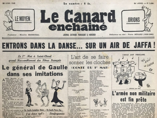 Couac ! | N° 1436 du Canard Enchaîné - 28 Avril 1948 | La politique de la main tendue fait Jureur dans toute la France - Dans son article du 28 avril 1948, publié dans *Le Canard Enchaîné*, R. Tréno utilise l'ironie et la satire pour commenter le climat de réconciliation et de compromis apparent en France. Il observe un « doux zéphyr de réconciliation » qui souffle sur le pays, et décrit avec une ironie mordante les gestes de bonne volonté et les alliances improbables entre différentes figures politiques et personnalités influentes. Tréno commence par mentionner Maurice Thorez, leader du Parti Communiste Français, qui tend la main aux catholiques, une démarche surprenante et perçue avec suspicion par ces derniers. Cette image souligne l'incongruité et la méfiance mutuelle entre ces groupes opposés. Il continue en évoquant des figures comme René Pleven, qui sollicite l'aide de Robert Schuman pour unir différentes factions politiques, et Georges Bidault, qui se dit prêt à collaborer avec ceux partageant ses principes essentiels. Tréno se moque de ces tentatives de rapprochement, les voyant comme des manœuvres politiques plus que des gestes sincères. Tréno élargit ensuite son satire à d'autres personnalités, comme François Mauriac et Georges Bernanos, en soulignant l'absurdité de leurs tentatives de réconciliation malgré leurs différends profonds. Il mentionne également des alliances et des gestes de réconciliation encore plus farfelus, comme Sacha Guitry tendant la main à ses propres contradictions passées en tant que résistant et collaborateur. L'article se termine sur une note humoristique avec *Le Canard Enchaîné* lui-même tendant la « patte » à ses lecteurs, jouant sur l'image de la réconciliation pour inclure son propre rôle dans le paysage médiatique. Ce texte met en lumière, de manière sarcastique, l'hypocrisie perçue dans les gestes de réconciliation et les alliances politiques de l'époque. Tréno utilise l'humour pour critiquer l'opportunisme et le manque de sincérité de ces actions, tout en offrant un commentaire acerbe sur la scène politique française. | 1436