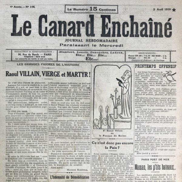 Couac ! | N° 144 du Canard Enchaîné - 2 Avril 1919 | Acquittement de Raoul Villain, assassin de Jaurès | 144