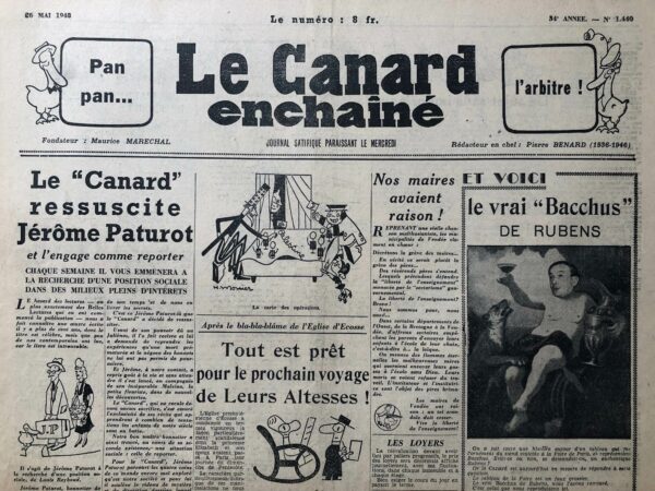 Couac ! | N° 1440 du Canard Enchaîné - 26 Mai 1948 | L'article "Après le bla-bla-blâme de l’Église d’Écosse, Tout est prêt pour le prochain voyage de Leurs Altesses !" par Yves Grosrichard, publié le 26 mai 1948 dans *Le Canard Enchaîné*, est une satire mordante de la réaction de l'Église presbytérienne d'Écosse à la visite de la princesse Elizabeth et de son époux à Paris. L'Église a condamné la manière dont le couple royal a passé son dimanche, qualifiant leurs activités de scandaleuses. Grosrichard utilise l'humour et l'ironie pour critiquer à la fois l'Église et les attentes souvent irréalistes imposées aux membres de la famille royale. Il propose un programme fictif et absurde pour la prochaine visite dominicale du couple royal à Paris, afin de satisfaire les "consciences bien-pensantes". Ce programme est ridiculement strict et austère, avec des activités telles que des cérémonies au temple, des visites de cimetières et de dépôts d'eau minérale, des conférences ennuyeuses, et des repas frugaux. La description des repas, par exemple, avec des plats tels que "Soupe au corbeau" et "Poires curé", accentue le caractère austère et inhospitalier du programme. La liste d'activités inintéressantes et moroses, comme la visite d'une exposition sur l'aspirine et une séance solennelle à l'Académie, vise à souligner l'absurdité des critiques initiales et à montrer à quel point il est impossible de satisfaire tout le monde. Grosrichard se moque également de la préparation fébrile et excessive pour accueillir le couple royal selon ce programme. Il mentionne les efforts des manufactures de soutanes, des bars qui adoptent des couleurs sombres, et des entreprises de pompes funèbres qui offrent leur aide, ce qui renforce le caractère ridicule de la situation. La mention de la police arrêtant tous les individus "louches" et envoyant des invitations spéciales aux presbytes ajoute une couche supplémentaire de satire, suggérant une société obsédée par le contrôle et la moralité. En conclusion, cet article utilise l'ironie et l'humour pour critiquer les réactions puritaines et les attentes démesurées envers les membres de la famille royale. Il souligne l'absurdité de certaines critiques et propose une alternative satirique pour démontrer l'impossibilité de satisfaire toutes les exigences morales et sociales. | 1440 1