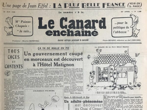 Couac ! | N° 1443 du Canard Enchaîné - 16 Juin 1948 | L'article "LE JOURNAL D'UNE FEMME DE CHAMBRE ou : Mirbeau au frigidaire" par Citoyen Cane, publié le 16 juin 1948 dans *Le Canard Enchaîné*, est une critique sévère de l'adaptation cinématographique du roman d'Octave Mirbeau par Jean Renoir. Le critique exprime une déception marquée par rapport à l'interprétation hollywoodienne de Renoir, estimant que l'essence du roman a été diluée. Le critique commence par exprimer une certaine nostalgie pour Octave Mirbeau, un écrivain au talent acéré et provocateur. Il souligne également l'estime pour Jean Renoir, connu pour sa capacité à capturer des aspects sombres et réalistes de la société. Toutefois, Cane constate que Renoir, après avoir passé une décennie en Amérique, semble avoir perdu le contact avec la subtilité et la profondeur de la culture française, et cela se reflète dans son film. Le choix de Paulette Goddard pour le rôle de la femme de chambre est particulièrement critiqué. Le critique souligne que le personnage de Mirbeau avait un charme canaille et une complexité morale que Goddard, une star hollywoodienne, ne parvient pas à incarner. Cette mauvaise distribution contribue à la transformation de l'atmosphère originale du roman en une version édulcorée et stéréotypée. L'article note que le film ne réussit pas à capturer la haine et le dégoût omniprésents dans l'œuvre de Mirbeau. Le puritanisme américain semble avoir contraint Renoir, qui n'aborde les vices et les tensions de la famille bourgeoise que de manière superficielle. Les aspects sombres et provocateurs du roman sont traités avec une retenue qui trahit l'intensité originale de l'œuvre. Malgré ses critiques, Citoyen Cane reconnaît qu'il y a des éclats de génie dans le film. Certaines scènes parviennent à rappeler le talent de Renoir pour créer des images cinématographiques puissantes et émouvantes. Toutefois, ces moments sont rares et ne suffisent pas à sauver le film de son caractère globalement décevant. En conclusion, Citoyen Cane compare le film à une version réfrigérée de l'œuvre de Mirbeau, manquant de la chaleur et de la vitalité qui faisaient le charme du roman. Cette critique souligne les défis et les risques de l'adaptation littéraire au cinéma, en particulier lorsque des différences culturelles et stylistiques sont en jeu. | 1443 e1708182722853