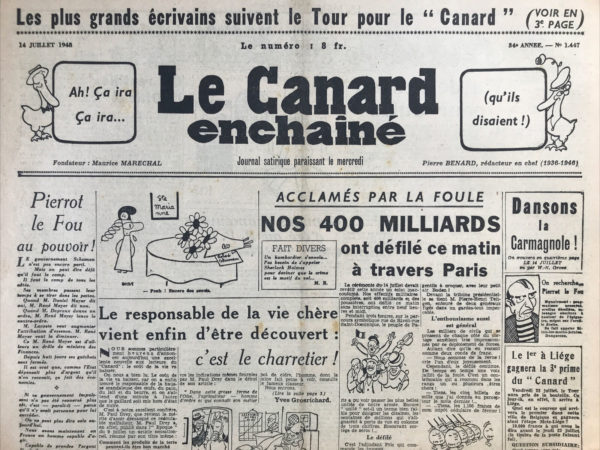 Couac ! | N° 1447 du Canard Enchaîné - 14 Juillet 1948 | L'article "KARAGANDA morne plaine..." par R. Tréno, publié dans "Le Canard enchaîné" le 14 juillet 1948, est un appel poignant à la solidarité et à l'action en faveur des républicains espagnols internés dans le camp de concentration de Karaganda en Union soviétique. L'auteur s'adresse directement à Yves Farge, un militant engagé dans la lutte contre la corruption et pour la liberté, exhortant son mouvement à prendre en compte le sort de ces hommes qui continuent de subir des conditions inhumaines malgré la fin de la guerre. Le texte met en lumière l'absurdité et l'injustice de la situation de ces cinquante-neuf républicains espagnols, injustement détenus après avoir été envoyés en URSS pour diverses raisons, notamment comme élèves pilotes ou accompagnateurs d'enfants réfugiés. Tréno souligne l'incohérence des accusations portées contre eux, réfutant l'idée qu'ils pourraient être des fascistes de la Division Azul, ce qui est historiquement impossible. L'article dénonce également l'inefficacité des démarches entreprises par diverses organisations et personnalités pour obtenir leur libération, y compris des appels de la Croix-Rouge et du gouvernement républicain espagnol en exil. Cette situation est présentée comme un malentendu tragique, voire une erreur diplomatique de la part de l'Union soviétique, qui pourrait être exploitée par ses adversaires si elle n'est pas corrigée rapidement. En évoquant des figures historiques et des événements contemporains, l'auteur place la situation des internés dans un contexte plus large de lutte pour la justice et contre la répression. Il fait appel à la conscience morale de Yves Farge et de ses compagnons de lutte, les "Combattants de la Liberté", pour qu'ils agissent en faveur de ces hommes oubliés. Le ton de l'article est passionné et engagé, avec des références littéraires et historiques qui renforcent le message. En conclusion, R. Tréno exhorte à ne pas laisser Franco ajouter ces cinquante-neuf républicains à la longue liste de ses victimes, soulignant l'urgence et la nécessité d'une intervention pour corriger cette injustice. | 1447