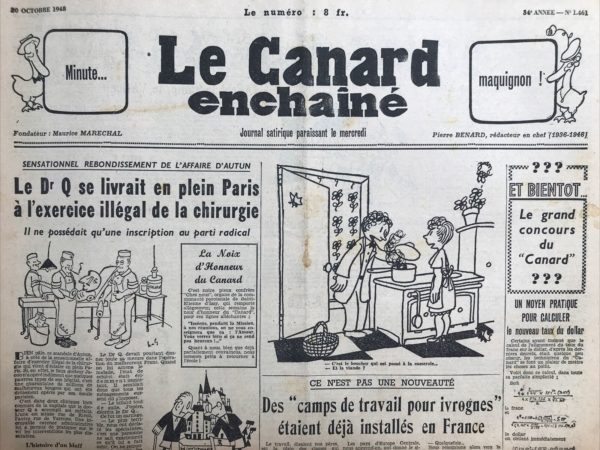 Couac ! | N° 1461 du Canard Enchaîné - 20 Octobre 1948 | Révolution dans les journaux satiriques: Le "Crocodile" rectifie sa ligne et le "Canard" modifie sa cane-à-pêche - L'article de Jean-Paul Lacroix dans "Le Canard Enchaîné" du 20 octobre 1948 propose une satire mordante sur la censure et la pression gouvernementale exercées sur les journaux satiriques, en particulier "Le Crocodile de Moscou" et "Le Canard Enchaîné" lui-même. Lacroix utilise l'humour pour critiquer la tentative de contrôler et de modifier la ligne éditoriale de ces journaux, illustrant ainsi la tension entre la liberté de la presse et l'autorité gouvernementale. L'article commence par un parallèle entre les pressions subies par "Le Crocodile de Moscou" et celles exercées sur "Le Canard Enchaîné" par le gouvernement Queuille. Lacroix établit d'emblée une connexion entre les deux situations, soulignant que la liberté de la presse est menacée tant en Union soviétique qu'en France. L'humour est immédiatement présent dans la mention de la "bonté" du gouvernement en demandant un "léger redressement", une expression qui dissimule mal la nature autoritaire de la demande. Lacroix joue ensuite avec le concept de "ligne" en le déclinant sous plusieurs formes: la ligne éditoriale, la ligne de pêche et la ligne de vinification. Ces jeux de mots servent à illustrer la complexité et la richesse de l'identité du "Canard Enchaîné", tout en soulignant l'absurdité des critiques gouvernementales. La description de la "ligne de vinification" comme étant en zigzag, contrairement à la "ligne de flottaison", est une critique subtile de l'idée que le journal pourrait (ou devrait) suivre une ligne droite, rigide et sans humour. Lacroix continue sa satire en évoquant les changements imposés aux membres de la rédaction. La mention des dessinateurs qui doivent remplacer les religieuses par des babas au rhum est une manière de souligner la censure religieuse et morale. La critique des poètes et de leurs haïkus, en raison de leur référence implicite à la guerre d'Indochine, est une dénonciation de la censure politique et de l'interdiction de toute allusion négative à l'engagement militaire français. Le passage sur l'anglicisation des jeux de mots et l'exemple donné ("How do you do... yau de poêle") montre à quel point la demande du gouvernement est ridicule et irréalisable, tournant en dérision l'idée même de contrôle sur les jeux de mots et les calembours. Enfin, Lacroix se moque des modifications demandées dans l'écriture des noms des membres du gouvernement, transformant "Queuille" en "Euille" et "Moch" en "Mok". Cette critique subtile montre comment la censure peut aller jusqu'à l'absurde en cherchant à modifier des détails insignifiants pour éviter toute moquerie. L'article conclut en soulignant que, même avec ces changements, "Le Canard Enchaîné" ne pourra plus provoquer des rires intempestifs, un commentaire ironique qui montre que la véritable cible de la satire est la tentative même de restreindre l'humour et la critique. En somme, Jean-Paul Lacroix utilise une satire élaborée pour critiquer la censure et la pression gouvernementale sur la presse, mettant en lumière l'absurdité et l'inutilité de telles tentatives. L'article est un témoignage de la résilience et de l'ingéniosité des journaux satiriques face à la répression. | 1461