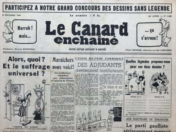 Couac ! | N° 1463 du Canard Enchaîné - 3 Novembre 1948 | L'article "Alors, quoi ? Et le suffrage universel ?" signé par R. Tréno dans Le Canard Enchaîné du 3 novembre 1948, utilise une ironie mordante pour critiquer l’influence des puissances mondiales, notamment les États-Unis et l'Union soviétique, sur les affaires internationales, y compris celles de la France. Le texte semble être une réaction aux élections présidentielles américaines de 1948, où l'auteur déplore que les citoyens français, et plus largement les Européens, soient spectateurs de décisions qui pourraient avoir un impact majeur sur leur propre avenir, sans avoir la moindre possibilité de participer à ces décisions. L’article débute en observant que les élections américaines captent toute l'attention, soulignant qu’en dépit de la distance géographique, leur résultat affecte aussi directement les Français que les Américains eux-mêmes. Tréno pointe l’absurdité de la situation en suggérant que les citoyens français devraient aussi avoir le droit de vote dans ces élections, étant donné les conséquences potentielles sur leur quotidien, comme le risque d’être entraîné dans des conflits mondiaux en fonction de la politique étrangère du président élu. La satire de Tréno s’accentue lorsqu'il propose que les Français, ainsi que d'autres Européens, réclament le "suffrage universel" pour pouvoir voter non seulement pour le président américain, mais aussi pour les dirigeants du Kremlin, arguant que les décisions prises à Washington ou à Moscou ont un impact aussi grand sur la vie des citoyens français que celles prises à Paris. Le journaliste conclut en exprimant un désenchantement généralisé face à cette situation d’impuissance internationale, où les puissances mondiales semblent jouer avec le destin des autres nations sans les consulter. Il ironise sur l’idée que, dans cette situation, les Français préfèreraient voter pour leur propre président, Vincent Auriol, tout en demandant que les grandes puissances cessent de s’immiscer dans leurs affaires intérieures. En somme, cet article de Tréno critique avec humour et acuité la dépendance des nations européennes vis-à-vis des superpuissances de l'époque, en appelant à un véritable respect de l’indépendance nationale et à un changement de la dynamique politique mondiale qui, selon l’auteur, réduit les pays comme la France à un rôle de spectateurs impuissants. | 1463