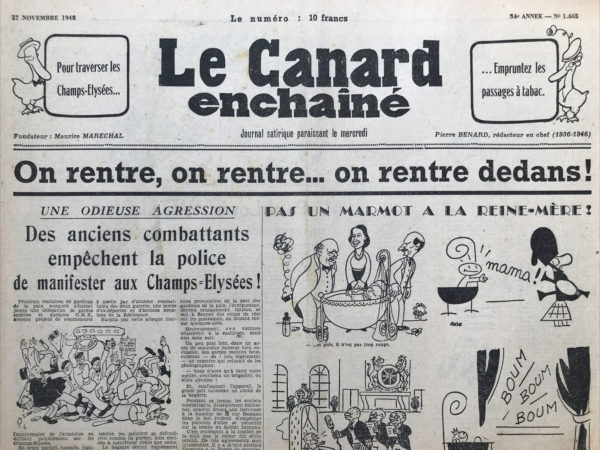 Couac ! | N° 1465 du Canard Enchaîné - 17 Novembre 1948 | L'article intitulé "Y'a du sapin sur la planche !" publié dans Le Canard Enchaîné le 17 novembre 1948, utilise un ton ironique pour commenter les rumeurs d'une rencontre possible entre le président américain Harry Truman et le dirigeant soviétique Joseph Staline. L'auteur, Yves Grosrichard, s'amuse à dépeindre la panique et l'inquiétude que ces bruits ont générées parmi ceux qui craignaient qu'une telle rencontre ne mène à une paix compromettante ou à des compromis politiques dangereux, s'écartant ainsi de la voie de la confrontation adoptée après la Seconde Guerre mondiale. Grosrichard ironise sur le fait que ces rumeurs ont été rapidement démenties, soulageant ainsi ceux qui redoutaient une détente entre les deux superpuissances. Il se moque de la propagande anti-paix, qualifiée de "dangereuse", et critique la peur irrationnelle que certains ont envers toute perspective de paix. Il fait également allusion à des éléments satiriques, comme la mention d'une "presse rouge" qui serait responsable de ces rumeurs alarmistes. Le texte souligne l'absurdité de la situation où même la possibilité de paix est perçue comme une menace, avec une ironie particulièrement mordante lorsqu'il évoque le rôle supposé du Vatican, dont l'influence est vue comme un facteur de complication supplémentaire. Grosrichard tourne en dérision la paranoïa ambiante, où la préparation à la guerre est valorisée au détriment de toute initiative de paix. L'article se termine par une réflexion sur l'industrie de l'armement, en particulier en Belgique, où l'on se félicite du succès commercial des armes, renforçant ainsi le cynisme de l'auteur sur le sujet de la guerre et de la paix. En somme, l'article critique la mentalité belliciste de l'époque et se moque de la perception de la paix comme une menace plutôt qu'une opportunité. | 1465