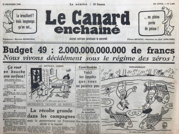 Couac ! | N° 1467 du Canard Enchaîné - 1 Décembre 1948 | L'élite des usagers du Métro retrouve enfin ses premières classes - C'est avec soulagement que les aristocrates ont appris la résurrection des premières classes du métropolitain. Dieu merci ! la fâcheuse promiscuité qu'une décision saugrenue imposait aux gens de la haute société disparaît dès aujourd'hui. Ce n'est pas trop tôt. On ne verra plus de prolétaires s'asseoir sur les banquettes rembourrées qui seront désormais réservées aux fesses distinguées, aux derrières d'élite, aux postérieurs racés. Sauf avant huit heures du matin. On sait, en effet, que les voyageurs à quinze francs se lèvent plus tard que ceux à dix francs. Alors, ces derniers seront tolérés dans les voitures rouges aux premières heures de la journée. Mais, dès le quatrième top de 8 heures, il leur faudra vider les lieux dare-dare, sous peine d'une amende de cinquante francs ! Et que ça saute, scongnegneu ! Naturellement - cela va de soi - avant d'être mis à la disposition de l'élite les wagons de première seront désinfectés avec le plus grand soin par une équipe de spécialistes. Les usagers à quinze francs pourront donc pénétrer sans crainte dans les voitures. Ils ne courront aucun risque d'attraper la moindre vermine. Signalons que la direction du métro, si l'expérience réussit, se propose de modifier encore les tarifs des premières qui varieront plusieurs fois par jour. Voici d'ailleurs, si nous sommes bien informés, le barème qui serait adopté : - De 5 h. 30 à 8 h. (voyageurs fauchés) : 10 francs. - De 8 h. à 11 h. (voyageurs cossus) : 15 francs. - De 11 h. à 12 h. (oisifs fortunés) : 30 francs. - De midi à 14 h. (voyageurs aisés) : 20 francs. - De 14 h. à 17 h. (membres des 200 familles) : 100 francs. - De 17 h. à 18 h. (membres du Jockey-Club) : 300 francs. - De 18 h. à 18 h. 17 (voyageurs nobles) : 317 francs. - Jusqu'à 20 h. (voyageurs fauchés) : 10 francs. - De 20 h. à minuit (voyageurs en smoking et voyageuses en robe de du soir) : 400 francs. - De minuit à 1 h. 30 (retour des théâtres) : 224 francs. Enfin, en certaines circonstances, la compagnie pourra mettre en circulation des wagons spéciaux de grand luxe où ne seront admis que les généraux, les membres du corps diplomatique et les présidents du conseil d'administration des grandes sociétés financières. On traitera à forfait avec les intéressés. Roger Salardenne. Ce texte est une satire qui se moque de la réintroduction des premières classes dans le métro parisien. | 1467