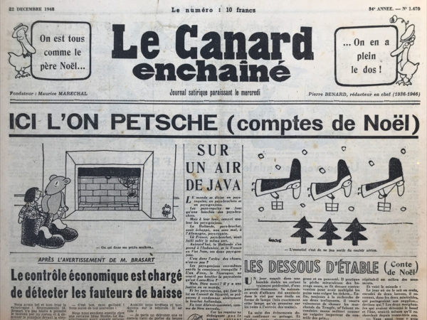 Couac ! | N° 1470 du Canard Enchaîné - 22 Décembre 1948 | L'article intitulé "Un seul chapeau : le chapeau de Léo !" publié dans Le Canard Enchaîné le 22 décembre 1948, est une satire écrite par R. Tréno. L'auteur utilise l'image d'un chapeau pour critiquer la situation politique de l'époque, notamment la pression exercée sur les nations pour qu'elles s'alignent dans le contexte de la guerre froide. Le texte s'inspire du film italien *Sept ans de malheurs*, où le personnage principal, Léo Bianchetti, achète un chapeau pour symboliser son désir de vivre en paix après la guerre. Cependant, ce chapeau devient un symbole inutile alors que de nouvelles guerres se profilent et que Léo se voit contraint de porter tour à tour les casques des différentes puissances militaires (italien, allemand, américain). Tréno élargit cette métaphore pour parler des Français, qui, comme Léo, sont fatigués des conflits et ne souhaitent pas se laisser entraîner dans de nouveaux engagements militaires, notamment dans le cadre du pacte atlantique. Il critique l'idée d'un alignement forcé, que ce soit du côté occidental ou oriental, en suggérant que les Français devraient tous adopter un seul chapeau, celui de Léo, en signe de refus de la guerre et de la manipulation politique. L'article se termine par un appel ironique à divers dirigeants mondiaux, y compris Truman, Staline, et les leaders français, pour qu'ils troquent leurs casquettes de pouvoir contre le chapeau de Léo, symbole de paix et de simplicité. Tréno se moque ainsi de la complexité géopolitique et de l’hypocrisie des grandes puissances, tout en plaidant pour une attitude plus pacifiste et indépendante. | 1470