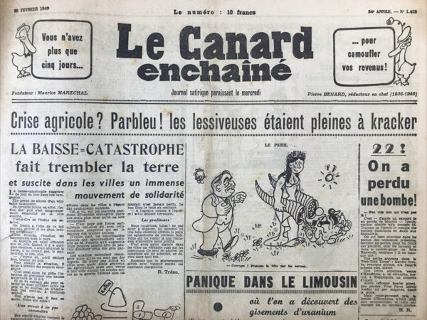 Couac ! | N° 1479 du Canard Enchaîné - 23 Février 1949 | L'article "Le soldat français exige de sérieuses garanties concernant la sécurité de la profession", écrit par Henri Rochon et publié dans Le Canard Enchaîné le 23 février 1949, utilise la satire pour critiquer la situation des soldats français, en particulier ceux qui sont réticents à partir en Indochine, un sujet sensible à l'époque. L'article s'ouvre sur la mention de deux jeunes gardes républicains traduits devant un tribunal militaire pour avoir refusé de partir pour l'Indochine. Leur défense, résumée de manière ironique, repose sur l'idée qu'ils n'ont pas accepté d'être soldats pour se faire tuer. Rochon se moque de cette position en soulignant l'absurdité d'un soldat qui refuse d'affronter le danger, mais la présentation humoristique de l'article reflète une critique plus profonde de l'engagement militaire forcé et de la guerre coloniale française. Rochon imagine ensuite un contrat entre un soldat fictif, nommé Croquebolle, et le ministre de la Défense, Paul Ramadier, qui transforme le service militaire en un séjour confortable. Le "contrat" garantit au soldat des vêtements de qualité, une nourriture adéquate et l'absence totale de danger. Il décrit même des "champs de tir" transformés en jardins d'agrément et des séances de manœuvres en séances de chaise longue, soulignant l'absurdité d'une armée qui éviterait tout risque. À travers cette parodie, Rochon critique la contradiction entre l'idéal de service militaire héroïque et la réalité des jeunes hommes contraints de risquer leur vie pour des conflits dont ils ne comprennent pas toujours les enjeux. Il tourne également en dérision les réponses bureaucratiques et les tentatives des autorités de présenter la guerre d'Indochine comme une entreprise justifiée et nécessaire. En conclusion, l'article de Rochon utilise l'humour et la satire pour aborder les critiques contre la guerre d'Indochine et les exigences irrationnelles imposées aux soldats français. Il met en lumière les sentiments d'absurdité et d'injustice qui entouraient cette période de l'histoire française, tout en dénonçant indirectement la gestion des conflits par le gouvernement. | 1479