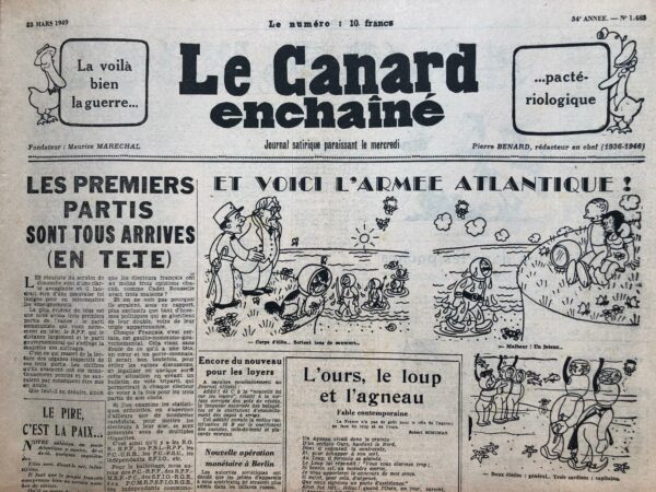 Couac ! | N° 1483 du Canard Enchaîné - 23 Mars 1949 | L'article "Exode massif au-dessous du tropique du Cancer où l'on est à l'abri du pacte Atlantique" de Y. Grosrichard, publié dans Le Canard Enchaîné le 23 mars 1949, est une satire qui critique les manœuvres diplomatiques et les craintes géopolitiques de l'époque, en particulier autour du pacte Atlantique et des tensions internationales. Le texte décrit de manière humoristique un exode fictif des diplomates et autres notables vers un endroit sécurisé, au-delà du tropique du Cancer, où ils seraient à l’abri des tensions liées au pacte Atlantique. L'idée d'un "exode massif" vers un "petit coin tranquille" dans un désert de sable est utilisée pour souligner l'absurdité des actions diplomatiques et des peurs exagérées de la guerre froide. Le choix de mots comme "exode" et les descriptions détaillées de cet endroit idyllique accentuent le contraste entre la gravité supposée de la situation et la réaction comique et exagérée des protagonistes. Grosrichard joue également sur les clichés et les stéréotypes des diplomates, qui semblent plus préoccupés par leur confort et leur sécurité que par la résolution des véritables problèmes internationaux. Le dialogue avec le Targui, une figure exotique, et les descriptions des "tropique-assiettes" et des soirées apéritives ajoutent une touche d'humour tout en se moquant de l’élitisme et de l’insularité de la diplomatie. L’article critique indirectement l’inutilité des pactes et des accords internationaux quand ceux qui sont censés les négocier fuient les responsabilités sous prétexte de sécurité. La référence au "Café du Commerce" comme centre de ces activités ridiculise encore plus la scène, transformant une situation de crise mondiale en une comédie d’erreurs où l’absurde règne en maître. En conclusion, Grosrichard utilise la satire pour dénoncer l'inadéquation et l'hypocrisie de la diplomatie d'après-guerre, en illustrant comment les préoccupations de sécurité nationale peuvent parfois se transformer en farce internationale. | 1483 1