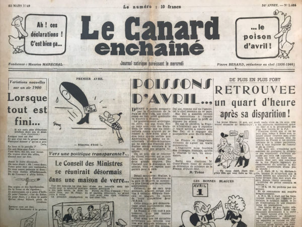 Couac ! | N° 1484 du Canard Enchaîné - 30 Mars 1949 | Cet homme est le plus indépendant de France - Le succès remporté par les Indépendants aux élections cantonales a mis en vedette M. Roger Duchet, secrétaire de leur groupe parlementaire et sénateur (sic). M. Roger Duchet est, disons-le tout de suite, l’une des personnalités les plus en vue de la politique française et c’est certainement par suite d’on ne sait quelle impardonnable distraction que le "Canard" n’en avait jamais entendu parler. Le secrétaire général des indépendants nous reçoit dans les indépendances du Sénat. Et tout de suite nous le soumettons au feu roulant de l’interview. — Qu’allez-vous faire ? — Cela dépend des circonstances, nous répond M. Duchet. — Réclamerez-vous un remaniement ministériel ? — Oui, à condition qu’il ne se fasse pas à nos dépens. — Est-il exact que M. Pierre-Étienne Flandin joue un rôle important dans vos coulisses ? — Ne me parlez pas de ce grand indépendant d’andouilles. — Ne serait-ce pas plutôt, ajoutons-nous alors, M. Paul Reynaud qui tire vos ficelles ? Mais M. Duchet met l’index sur sa bouche : il ne faut pas parler de ficelle dans la maison d’un indépendu. Cet article, non signé, est écrit dans un style caractéristique du Canard Enchaîné. Il se moque de Roger Duchet, le dépeignant comme un politicien opportuniste et indécis, dont l'« indépendance » politique est sujette à changement selon les circonstances et les intérêts du moment. | 1484