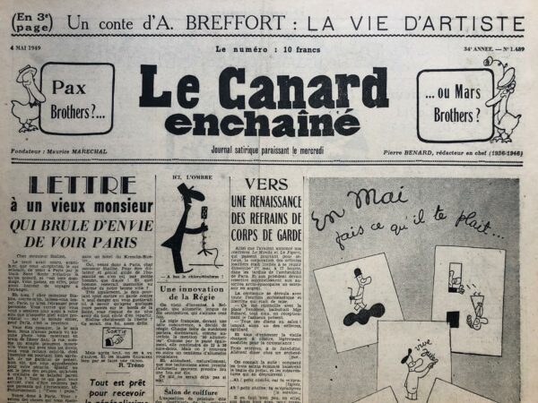 Couac ! | N° 1489 du Canard Enchaîné - 4 Mai 1949 | Les organisateurs de la prochaine der des ders entendent choisir leurs adversaires - Dans cet article, Roger Salardenne utilise l'humour et la satire pour commenter la situation des boxeurs et des dirigeants sportifs, en les comparant de manière ironique aux dirigeants politiques internationaux. L'article commence par noter que les boxeurs, à l'instar des "champions de boxe", semblent désormais vouloir choisir leurs adversaires pour des raisons stratégiques ou par crainte de perdre. Il cite plusieurs exemples de boxeurs célèbres qui refusent de combattre leurs challengers habituels : Tony Zale ne réclame pas sa revanche contre Marcel Cerdan, et Steve Belloise refuse de combattre Laurent Dauthuille malgré un contrat signé. Cette situation provoque la frustration des promoteurs de boxe comme Gilbert Bénham, qui se moque de la possibilité de matchs improbables, tels que Belloise affrontant Georges Carpentier ou d'autres champions du passé. Salardenne élargit ensuite son ironie aux relations internationales en suggérant que les dirigeants mondiaux pourraient adopter la même stratégie que les boxeurs. Il imagine des dirigeants comme Staline et Truman se comportant comme des "matchmakers" de boxe, choisissant soigneusement leurs "adversaires" pour les futures confrontations politiques. Staline, par exemple, déclare qu'il n'y aura pas de "match" entre l'URSS et les États-Unis, mais qu'il serait prêt à organiser un combat avec une petite nation comme Andorre. L'article se termine en ridiculisant cette idée de choisir ses adversaires pour éviter les confrontations sérieuses, mettant en lumière le manque de courage et de fair-play, tant chez les boxeurs que chez les dirigeants politiques. En somme, cet article utilise le sport de la boxe comme métaphore pour critiquer la lâcheté perçue et les manœuvres stratégiques de certains dirigeants, offrant un commentaire humoristique sur la politique internationale de l'époque. | 1489 1