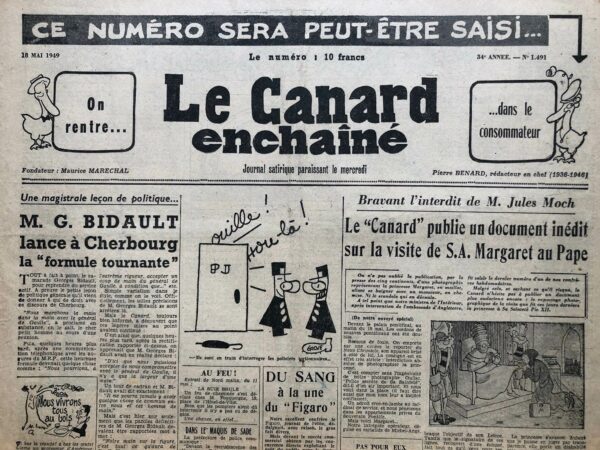 Couac ! | N° 1491 du Canard Enchaîné - 18 Mai 1949 | Les Mémoires du Caporal Bidasse est une série satirique et humoristique qui se moque des récits militaires héroïques en adoptant le point de vue d'un soldat de rang subalterne, le Caporal Bidasse. Ce personnage fictif raconte ses aventures avec un ton désinvolte et ironique, contrastant avec les récits traditionnels des grands chefs militaires. Introduction du Caporal Bidasse - Bidasse se présente comme un caporal simple et décontracté, pas vraiment intéressé par la gloire ou le patriotisme exagéré. Il parle de son rôle dans l'armée avec une certaine nonchalance et un humour mordant. Il décrit son séjour à Bessoncourt, où il travaille sous les ordres de son supérieur et fait de petites missions sans importance. L'Opération Balai - Cette section raconte une mission banale où Bidasse et ses camarades doivent nettoyer un camp militaire, surnommée "l'Opération Balai". À travers ce récit, l'auteur se moque de l'absurdité et de la banalité des tâches militaires qui sont souvent dramatisées dans d'autres récits. La Soupe est Bonne - Bidasse décrit les repas dans l'armée avec humour, parlant de la "soupe" qui est apparemment le point culminant de la journée. Il utilise ce sujet trivial pour se moquer des discours officiels qui tentent de glorifier tous les aspects de la vie militaire. Le First Class Crokbol - Bidasse rencontre le First Class Crokbol, un autre soldat. Leur interaction est décrite de manière caricaturale, mettant en lumière l'absurdité des protocoles militaires et des rencontres entre alliés pendant la guerre. Baionnette... On! - Bidasse raconte une anecdote sur l'entraînement militaire et le maniement des armes. Là encore, le ton est ironique, et le récit met en évidence l'écart entre la réalité triviale et le discours officiel sur la bravoure et le devoir militaire. Critique des Commandants - La rubrique se termine par une critique des décisions prises par les commandants et supérieurs militaires, souvent présentées comme étant complètement déconnectées de la réalité du terrain. La rubrique "Les Mémoires du Caporal Bidasse" est un pastiche humoristique qui ridiculise les récits glorieux et patriotiques souvent associés à la littérature militaire. En adoptant le point de vue d'un simple caporal, l'auteur souligne les absurdités, les contradictions et les banalités de la vie militaire, offrant une perspective rafraîchissante et satirique sur les événements historiques. | 1491 1