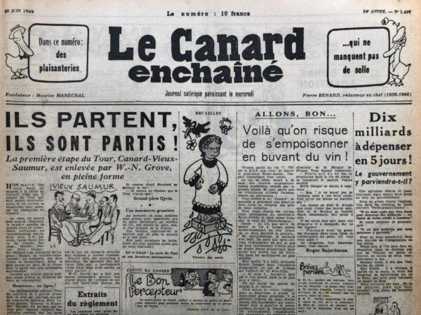 Couac ! | N° 1497 du Canard Enchaîné - 29 Juin 1949 | L'article intitulé "Il n’y avait pas de bombe atomique à Madagascar" de R. Tréno, publié dans Le Canard Enchaîné du 29 juin 1949, adopte un ton ironique et critique pour aborder le sujet des armes atomiques et de la guerre en général. Tréno commence par reprendre les propos de Frédéric Joliot-Curie, un scientifique communiste, qui condamne les États-Unis pour l'utilisation de la bombe atomique sur le Japon pendant la Seconde Guerre mondiale. Il souligne que bien que Joliot-Curie ait raison de condamner ces armes de destruction massive, son indignation semble quelque peu tardive. L'article utilise l'ironie pour critiquer l'hypocrisie perçue des savants et des politiciens qui, tout en condamnant les bombes atomiques, semblent ignorer les autres horreurs de la guerre moderne. Tréno évoque la contribution involontaire de Joliot-Curie à la création de la bombe atomique à travers ses recherches pendant la résistance, le décrivant comme un "apprenti sorcier" qui est maintenant "épouvanté et bourrelé de remords". L'auteur se moque également de l'idée de "humaniser" la guerre et critique la focalisation sur la bombe atomique tout en ignorant les souffrances causées par d'autres types d'armements. En utilisant un ton caustique, Tréno remet en question la sincérité des condamnations morales concernant les armes nucléaires, en soulignant que tous les types de guerre causent des souffrances humaines. Il conclut en demandant si les horreurs de la guerre seraient plus acceptables sans la bombe atomique, tout en soulignant que la guerre et la violence, sous toutes leurs formes, devraient être également condamnées. Tréno met aussi en avant le massacre de 90 000 Malgaches par les autorités françaises en 1947, soulignant que ce massacre, bien que non nucléaire, est tout aussi tragique et est curieusement moins discuté. L'article se termine en affirmant que toutes les formes de violence, qu'elles soient atomiques ou non, sont inacceptables et souligne l'hypocrisie de ceux qui tentent de faire des distinctions morales entre elles. | 1497 1